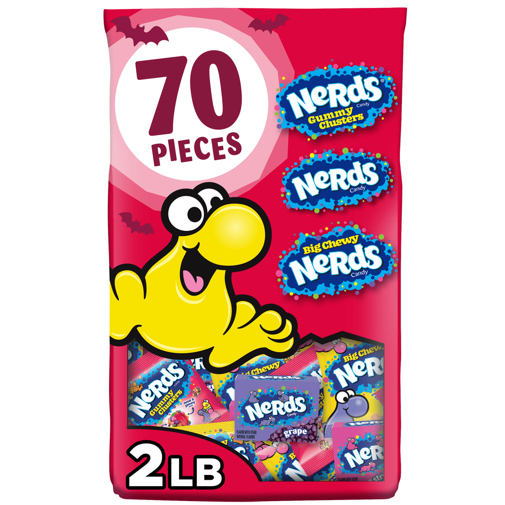 Nerds Halloween Assorted Candy, Halloween Trick-or-Treat Variety Bag, NERDS Gummy Clusters, Big Chewy, Originals Strawberry and Grape, 70 Count, 32.21 Ounces