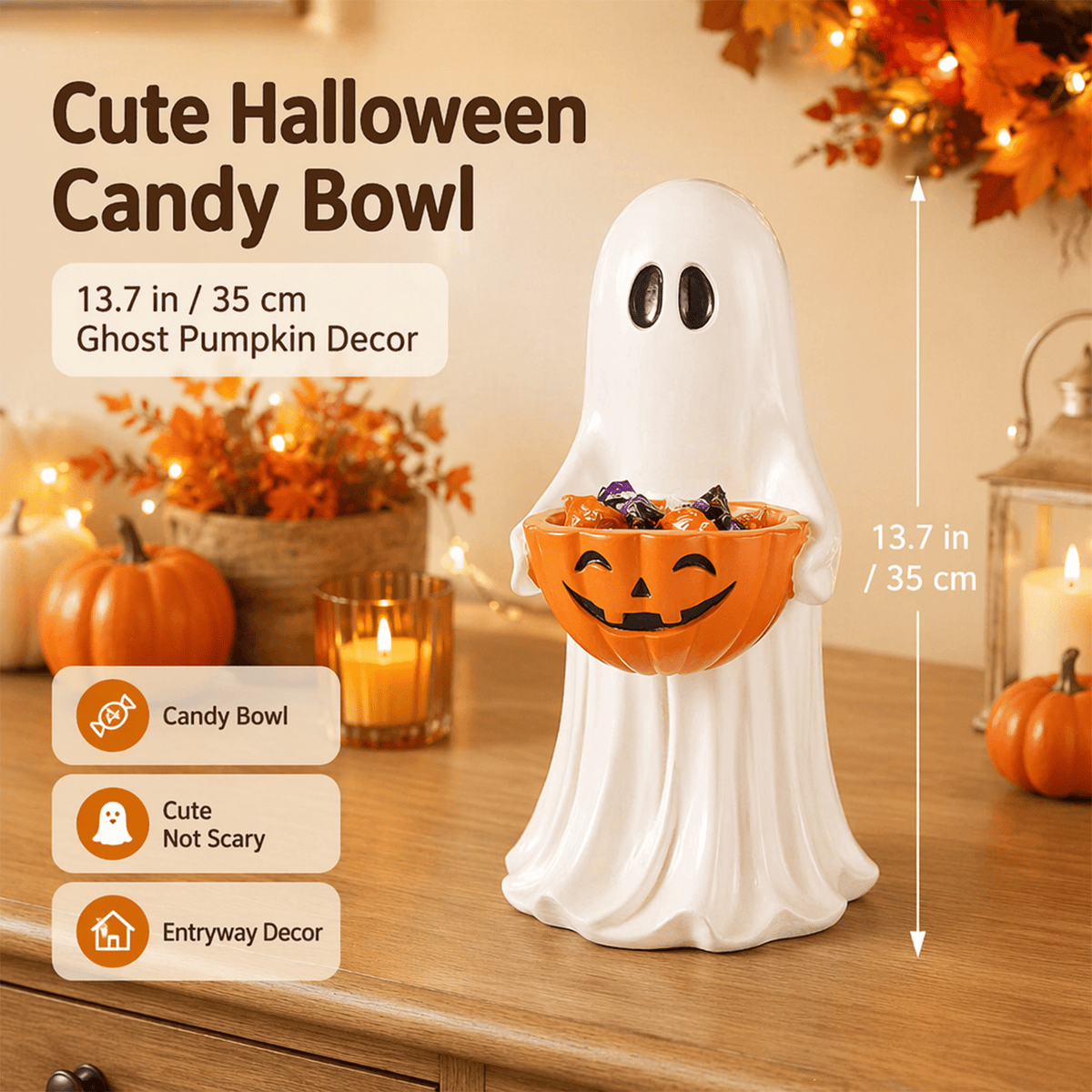 Outdoor Safe Halloween Ghost Figurine With Pumpkin Candy Bowl, Front Porch and Yard Statue, Indoor Outdoor Decorative Ghost for Treats and Decor