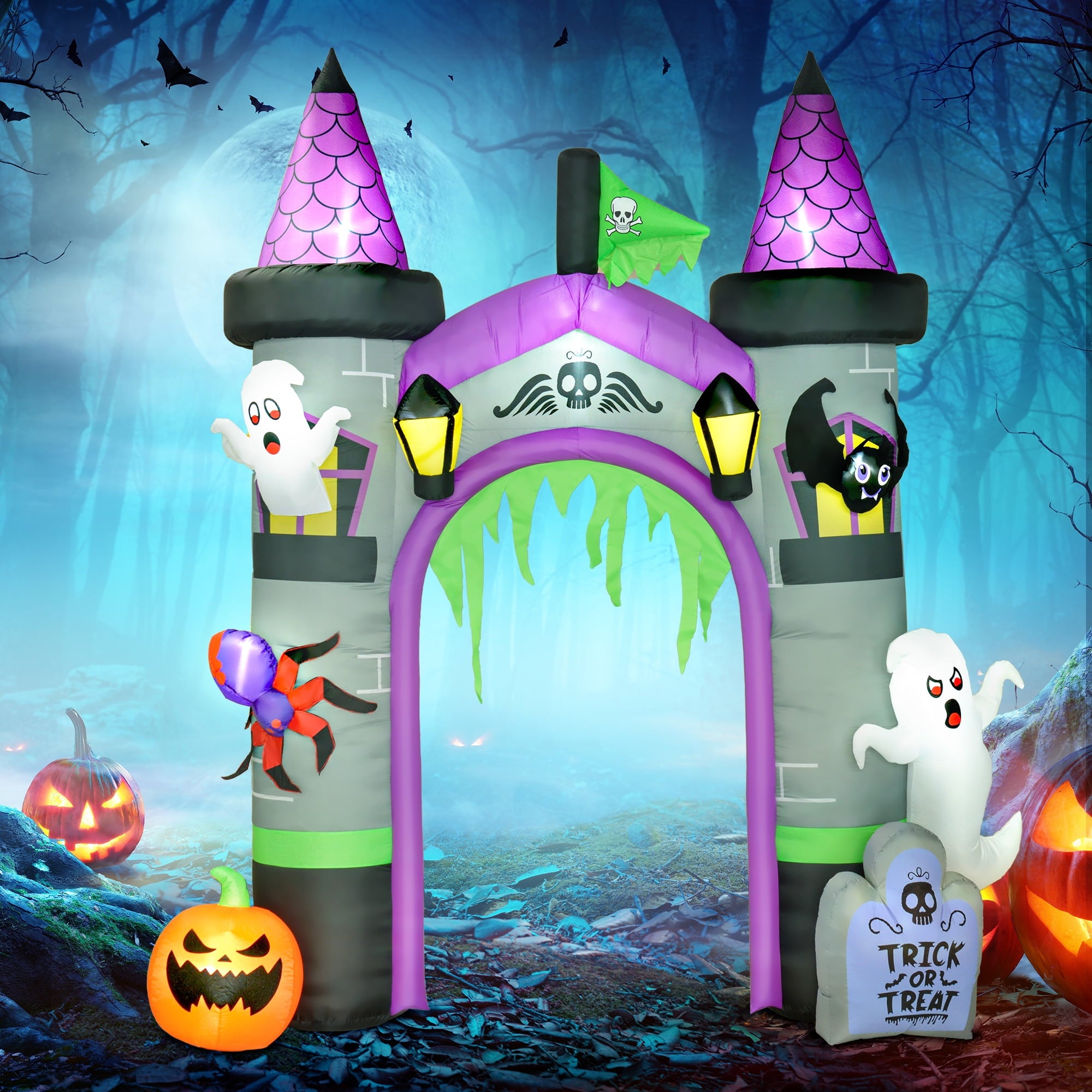 Outsunny 11.8' H Large Halloween Inflatable Archway Ghost Bat Pumpkin Spider, Halloween Decoration with LED Lights for Garden Indoor Outdoor