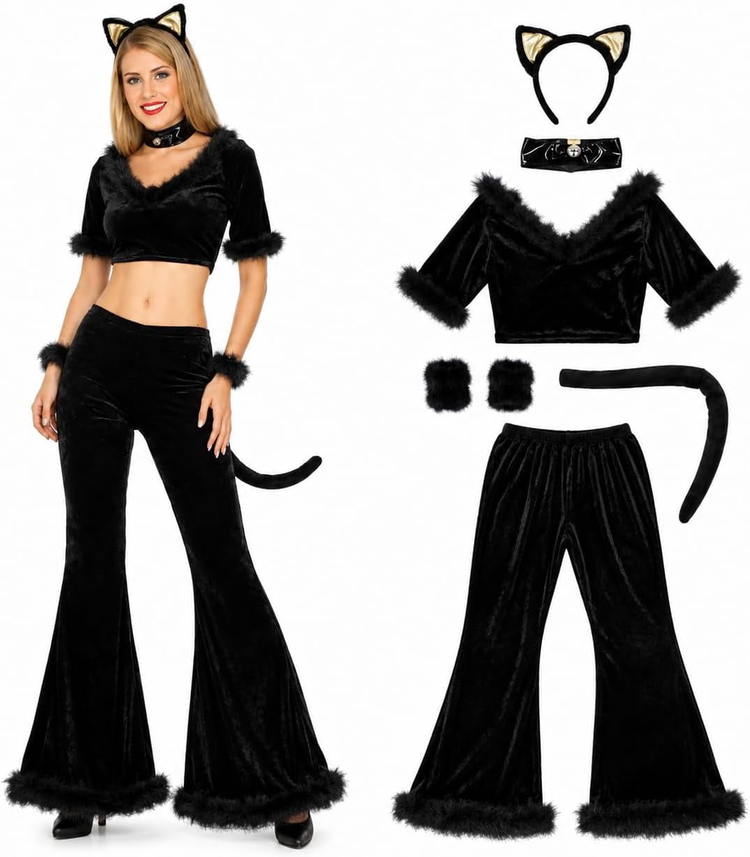 PMU French Maid Halloween Costume Black White Dress with Headpiece, Plus Size Up to 22