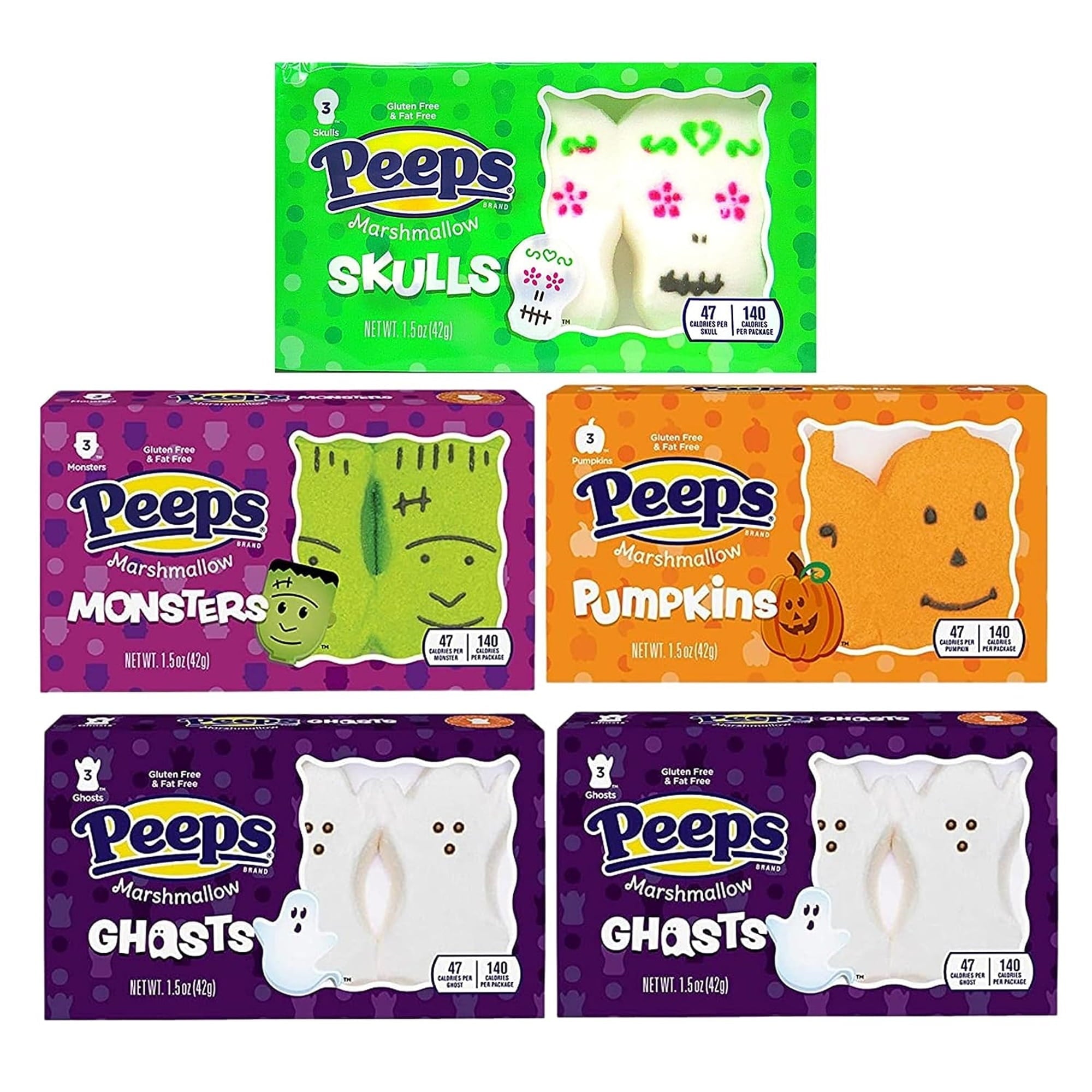 Peeps Halloween Marshmallow Bundle, Packs of 3 Sugar Skulls, Monsters, Pumpkins and Ghosts, Pack of 5