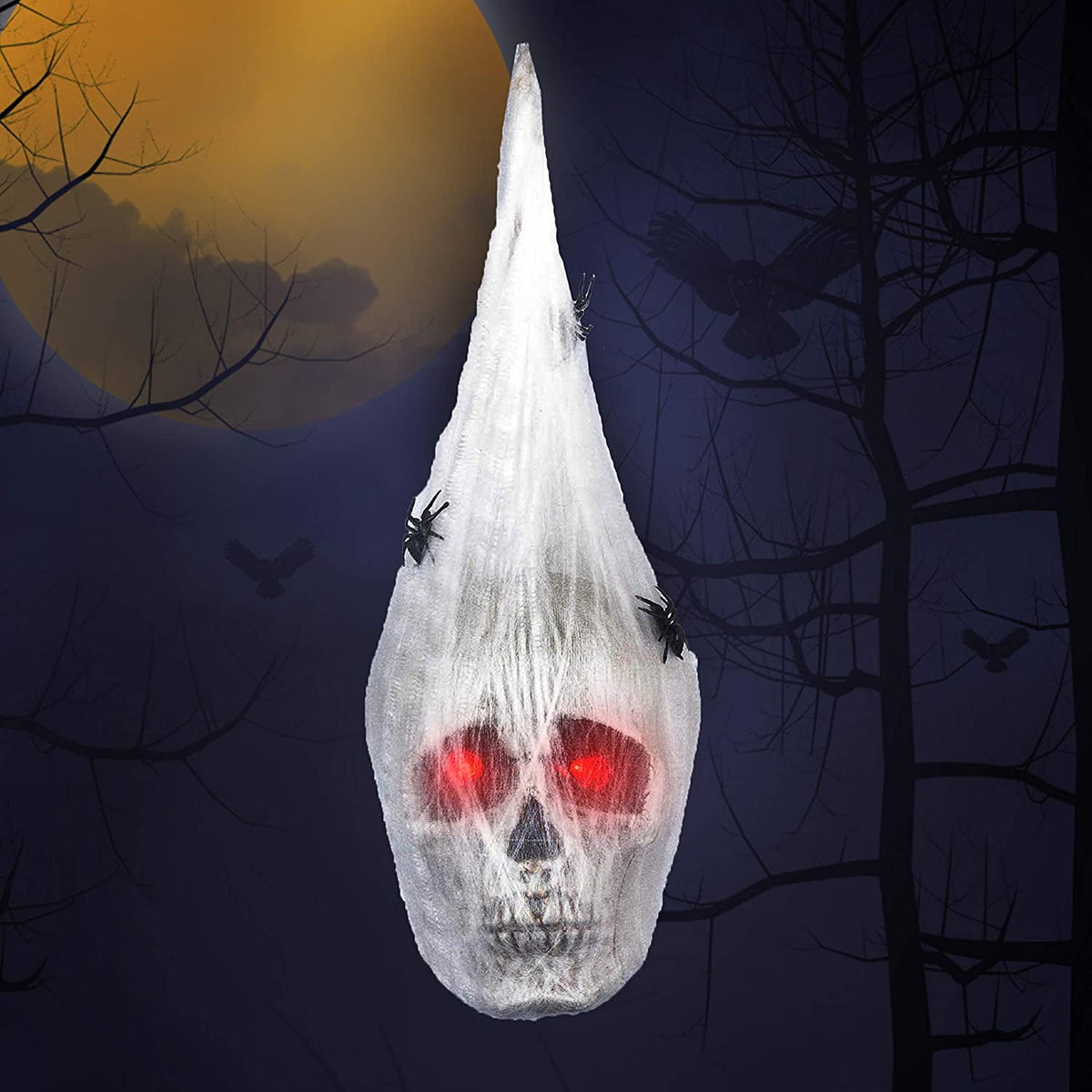 Petmoko Halloween Animated Hanging Skulls Head Covered with Spider Webs and Light Up Eyes, Halloween Hanging Decorations, Halloween Party Decorations, Outdoor Lawn Decor, Halloween Wall Hanging Decor