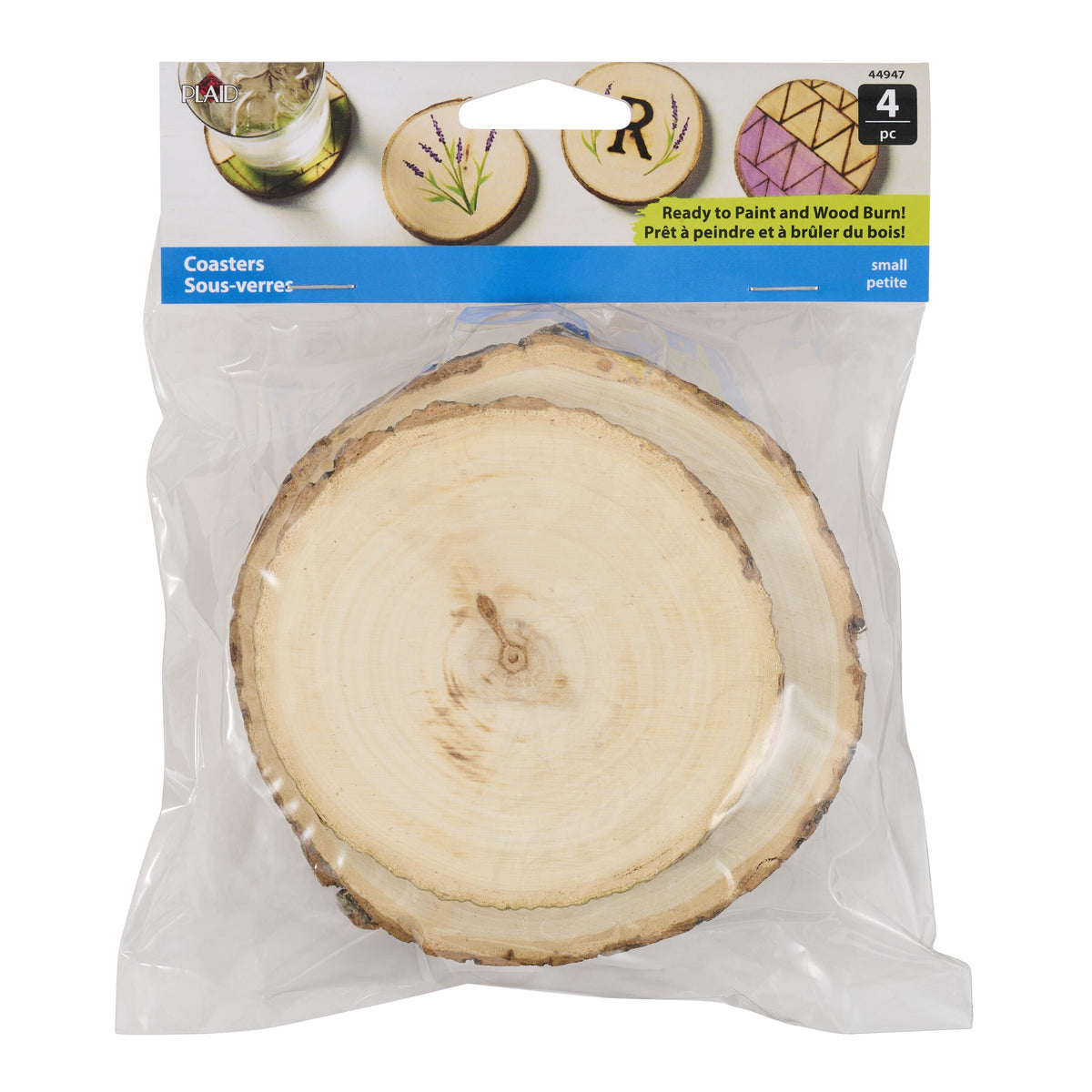 Plaid Unpainted Wood Surface, Small Wood Round with Bark, 4 Piece