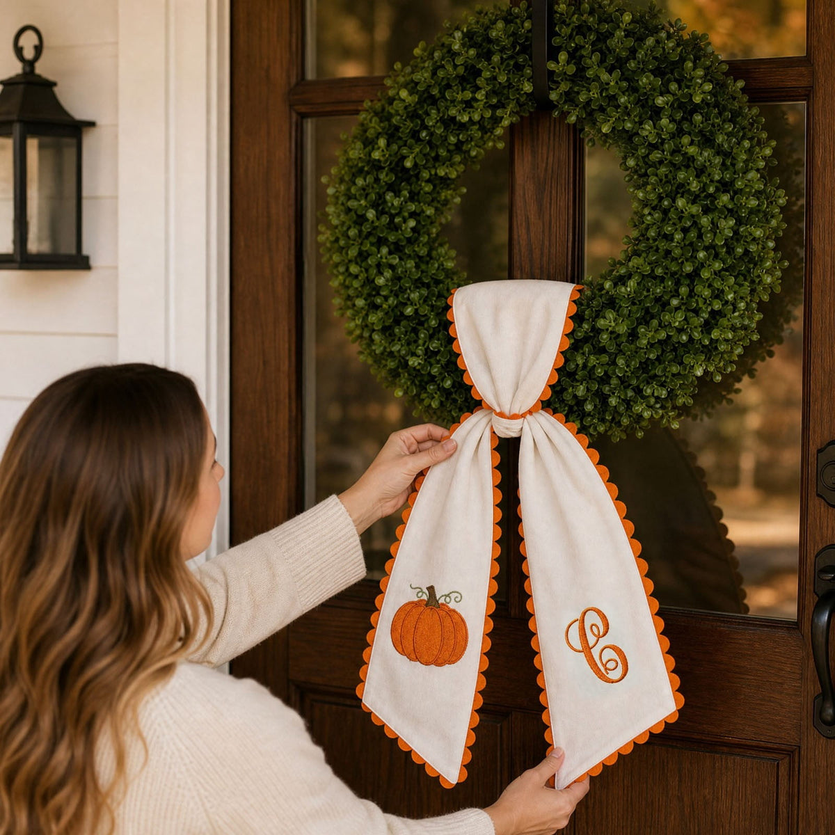 Pumpkin Embroidered Wreath Sash, 50 x 5 inch Orange Scalloped Lettered Ribbon for Halloween, Thanksgiving, Front Door, Seasonal Garland and Fall Home Decor, I