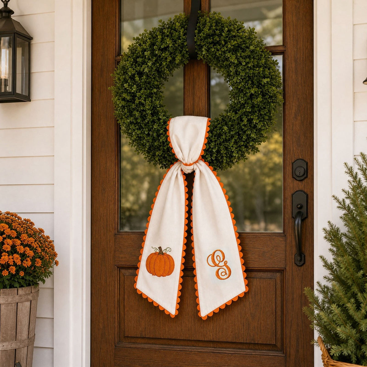 Pumpkin Embroidered Wreath Sash, 50 x 5 inch Orange Scalloped Lettered Ribbon for Halloween, Thanksgiving, Front Door, Seasonal Garland and Fall Home Decor, I