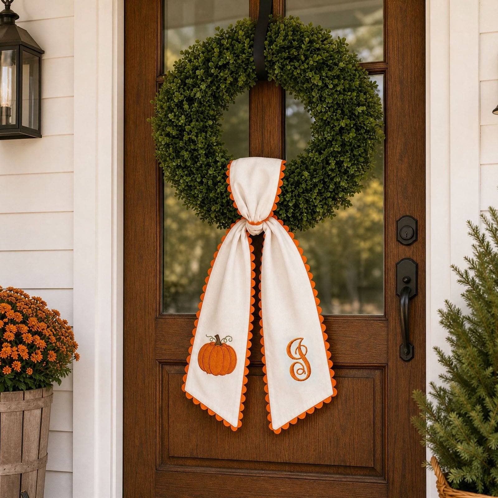 Pumpkin Embroidered Wreath Sash, 50 x 5 inch Orange Scalloped Lettered Ribbon for Halloween, Thanksgiving, Front Door, Seasonal Garland and Fall Home Decor, W