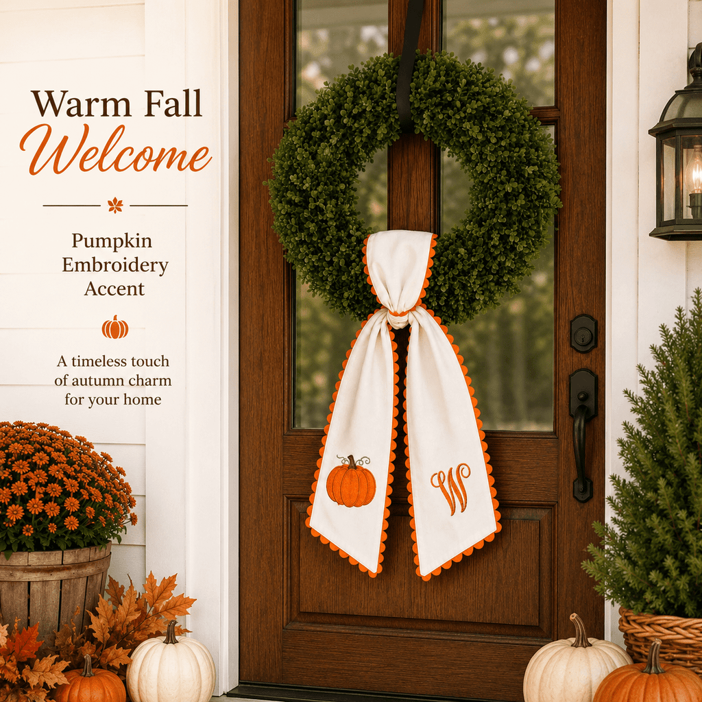 Pumpkin Embroidered Wreath Sash, 50 x 5 inch Orange Scalloped Lettered Ribbon for Halloween, Thanksgiving, Front Door, Seasonal Garland and Fall Home Decor, W