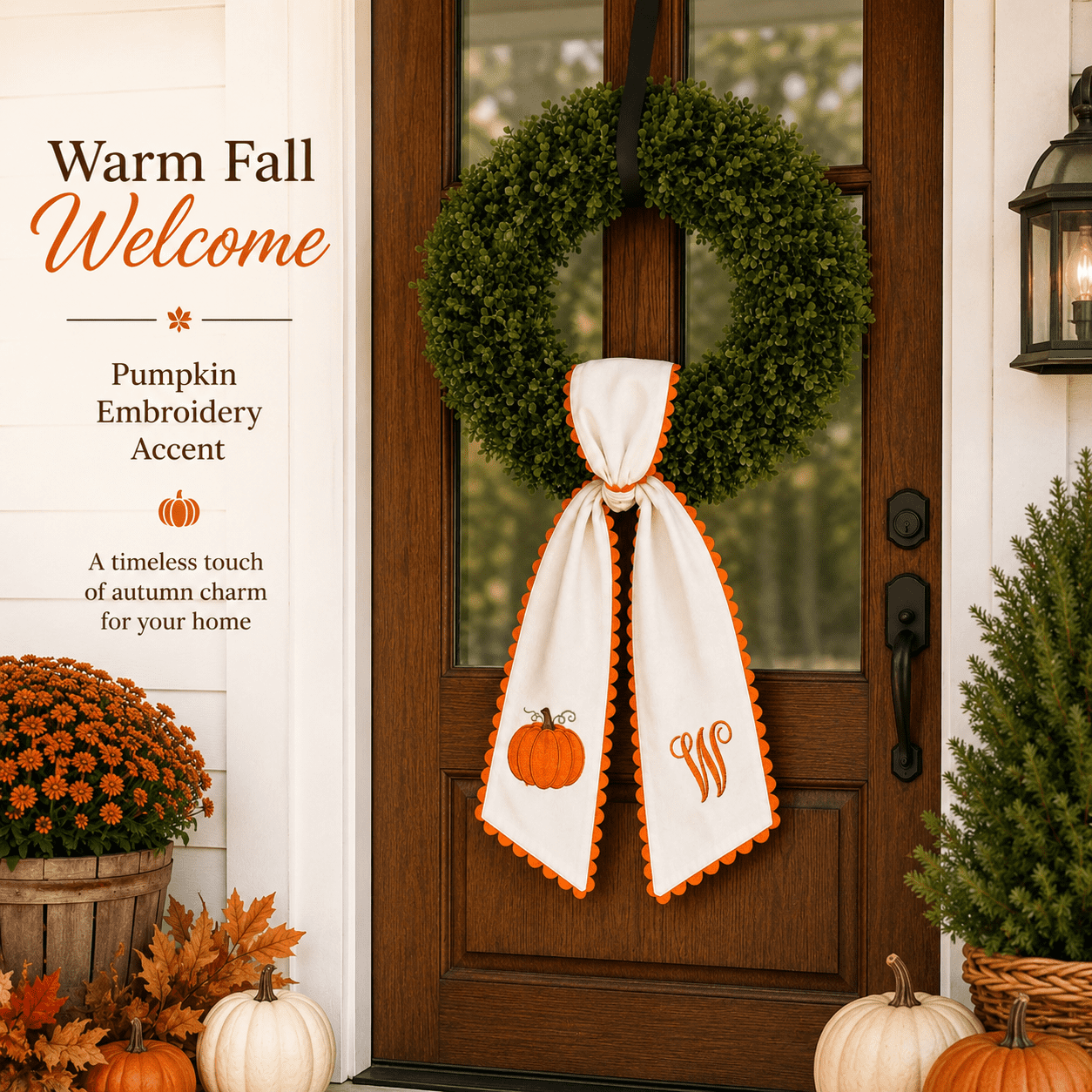 Pumpkin Embroidered Wreath Sash, 50 x 5 inch Orange Scalloped Lettered Ribbon for Halloween, Thanksgiving, Front Door, Seasonal Garland and Fall Home Decor, W
