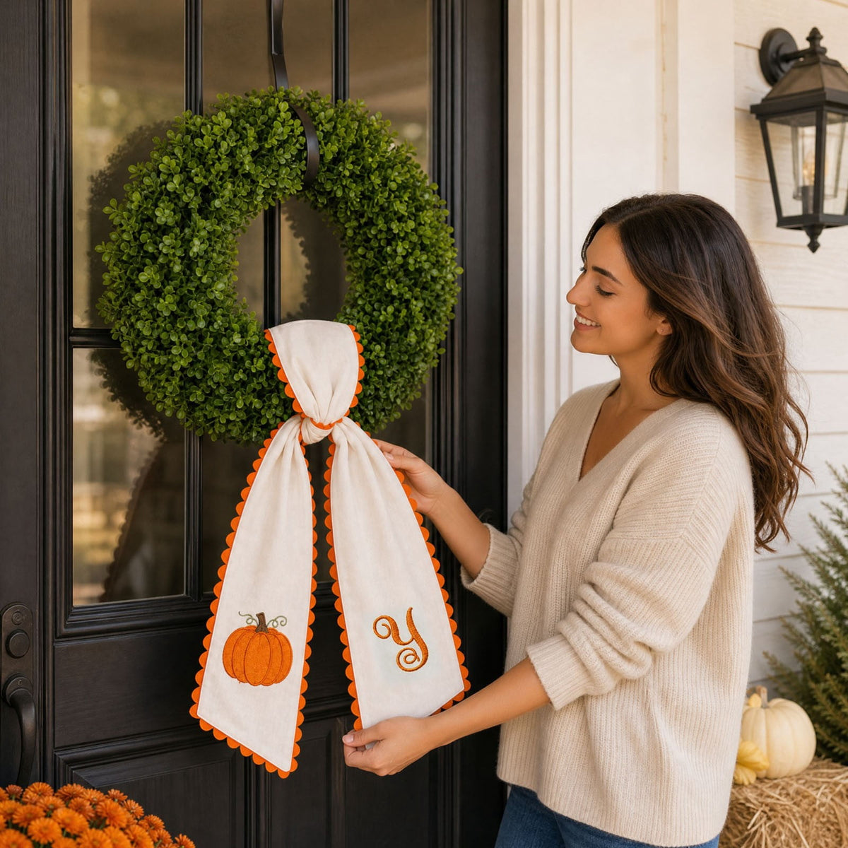 Pumpkin Embroidered Wreath Sash, 50 x 5 inch Orange Scalloped Lettered Ribbon for Halloween, Thanksgiving, Front Door, Seasonal Garland and Fall Home Decor, I