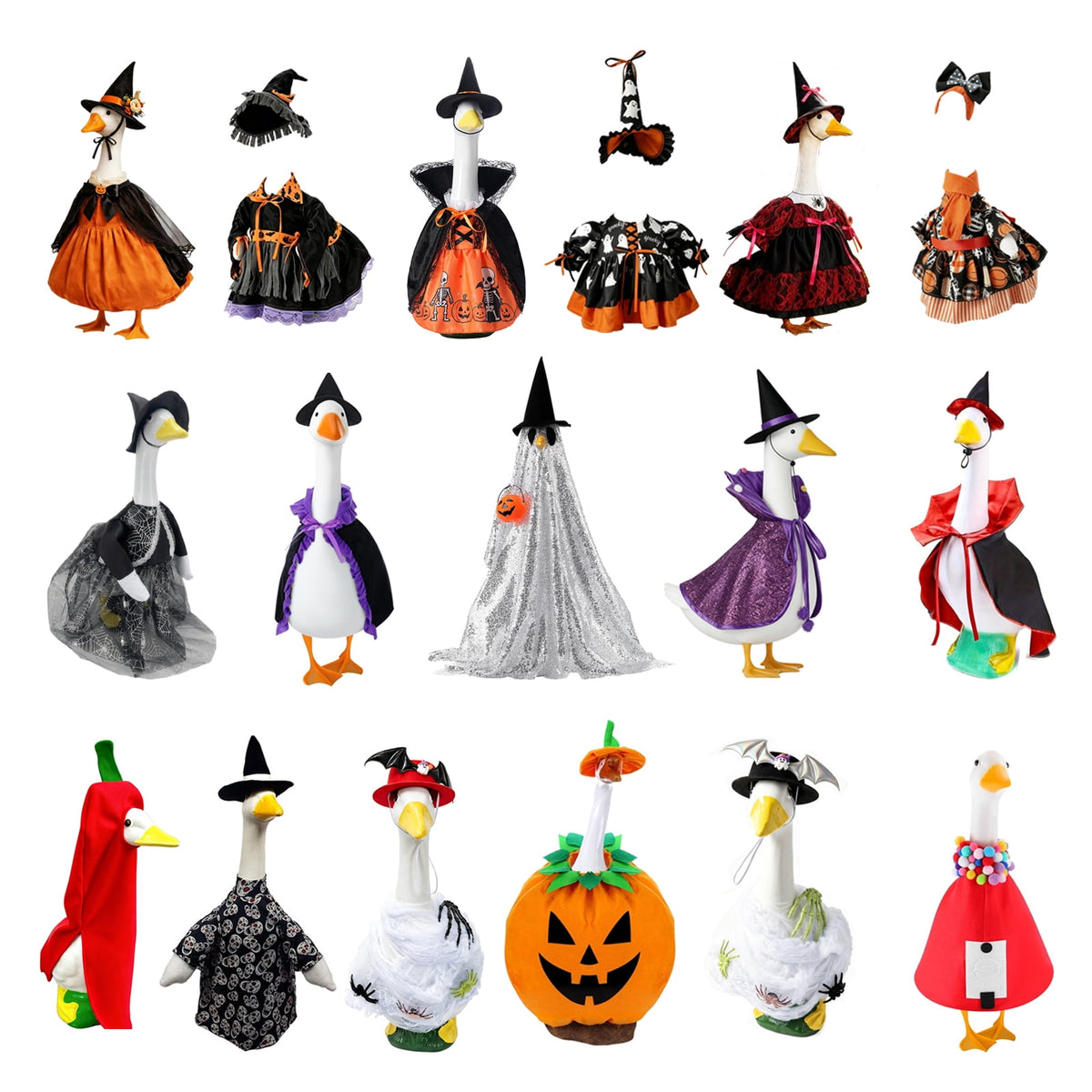 Bat Witch Hat Spiderweb Halloween Goose Clothes Fit 17/23In Cement Plastic Lawn Goose, Stylish Full Set for Outdoor Yard Patio Garden Seasonal Halloween Home Ornamental Arrangement