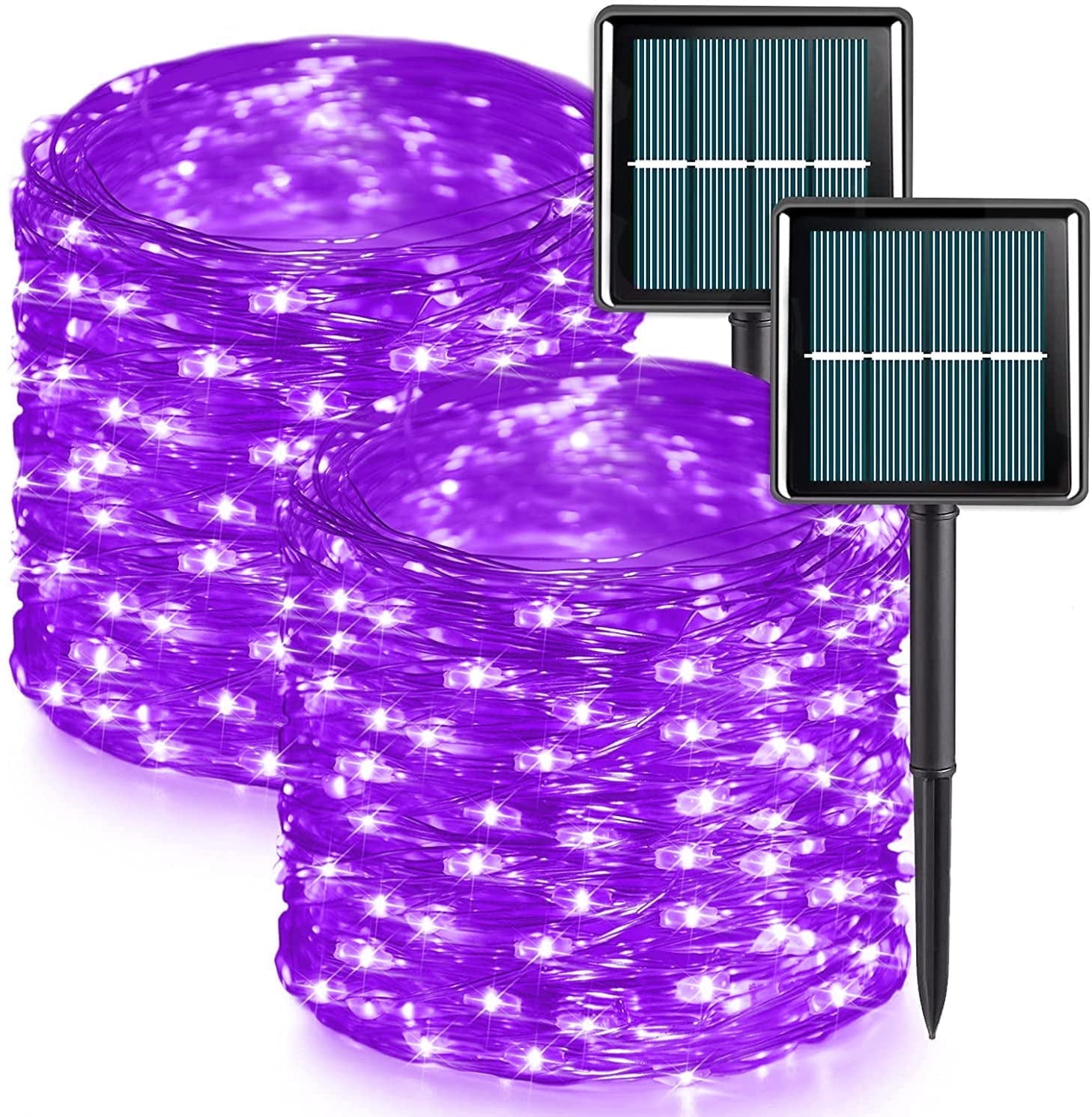 Purple Solar Fairy Lights Outdoor Waterproof, 4 Packs Each 33ft 100 LED Solar String Lights, 8 Modes Silver Wire Solar Twinkle Lights for Halloween Christmas Patio Garden