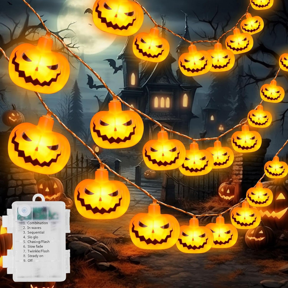 Qoosea Halloween Pumpkin String Lights, 20 LED 10.5ft 8 Modes Waterproof Orange Halloween Decorations Outdoor Indoor Bedroom Camper Party Decor