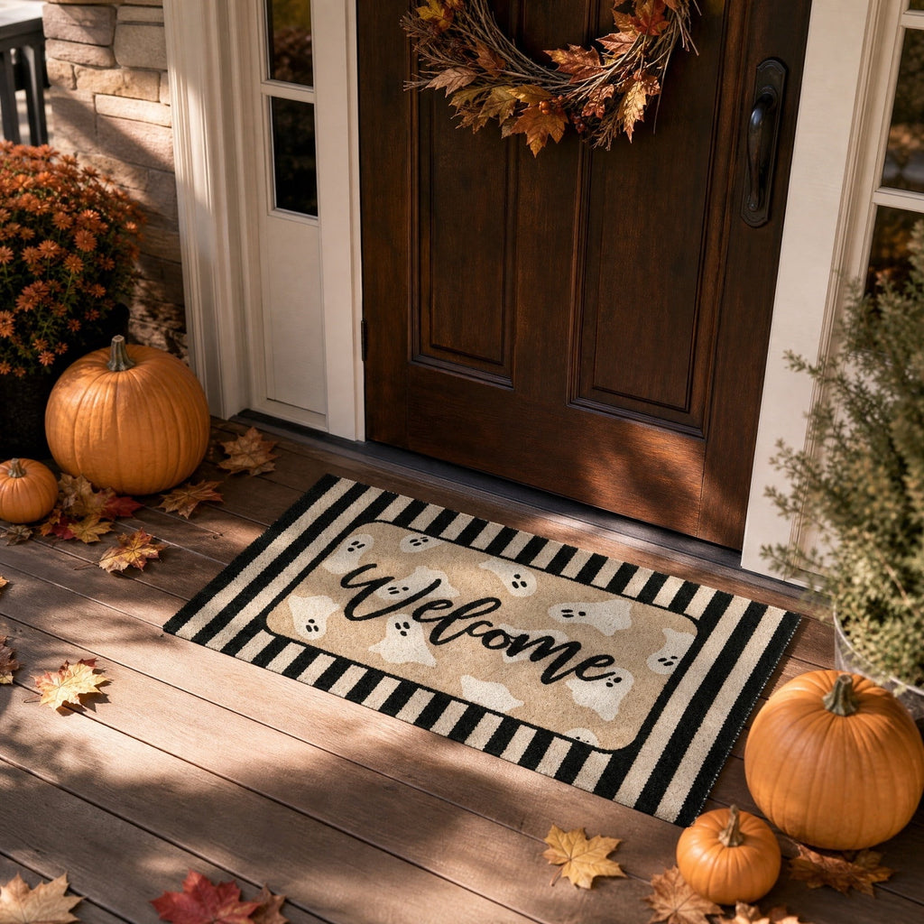 QuanTara Halloween Ghost Welcome Doormat, 31.5" x 15.75" Non-Slip Entryway Rug, Cute Spooky Ghost Print with Striped Border, Soft Faux Velvet Front Door Mat for Fall Home Decor, Porch & Indoor Use