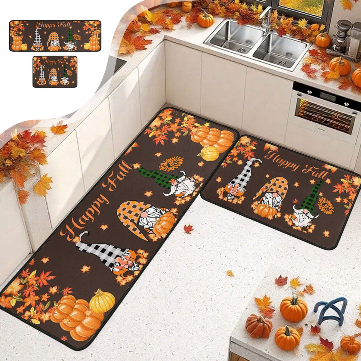 RBCKVXZ 2 Pieces Fall Kitchen Rugs Halloween Thanksgiving Pumpkin Sunflower Orange Maple Leaf Mat Floor Rug for Holiday Autumn Home Decor, 17 x 29 Inches, 17 x 47 Inches