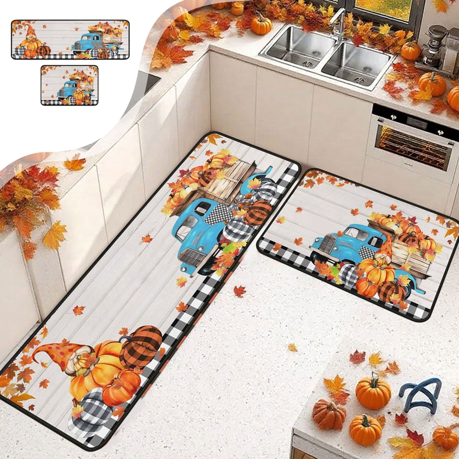 RBCKVXZ 2 Pieces Fall Kitchen Rugs Halloween Thanksgiving Pumpkin Sunflower Orange Maple Leaf Mat Floor Rug for Holiday Autumn Home Decor, 17 x 29 Inches, 17 x 47 Inches