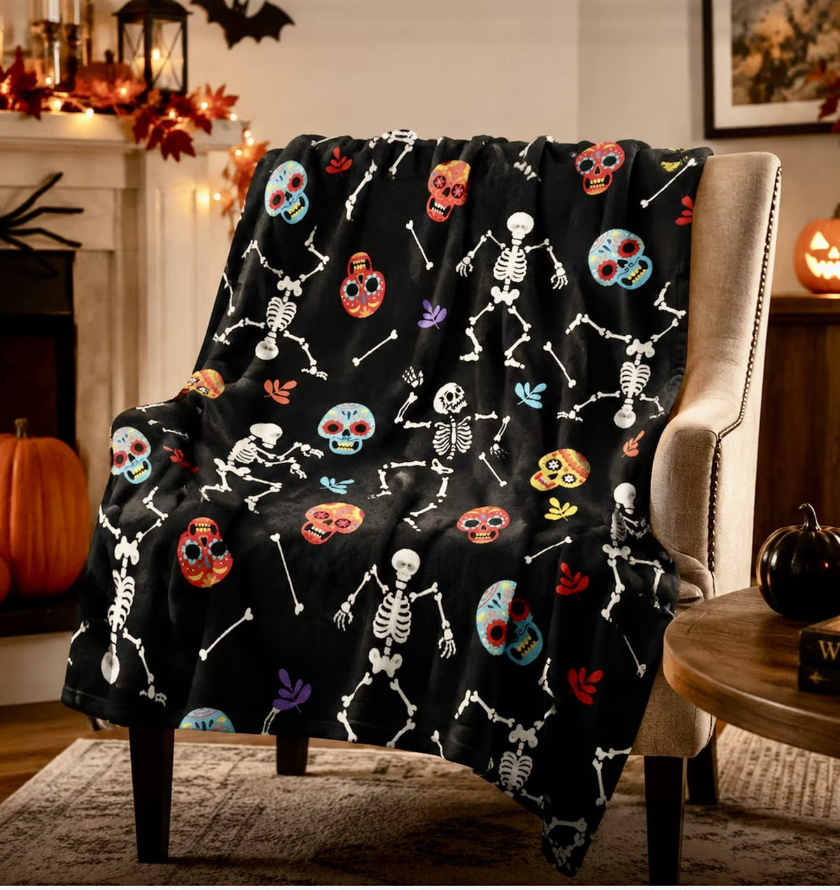 Serafina Home Halloween Throw Blanket: Fuzzy Boo! Jack O'Lantern Spider Webs Skull and Black Cats Print on Velvet Fleece for Sofa Bed Couch Chair Dorm