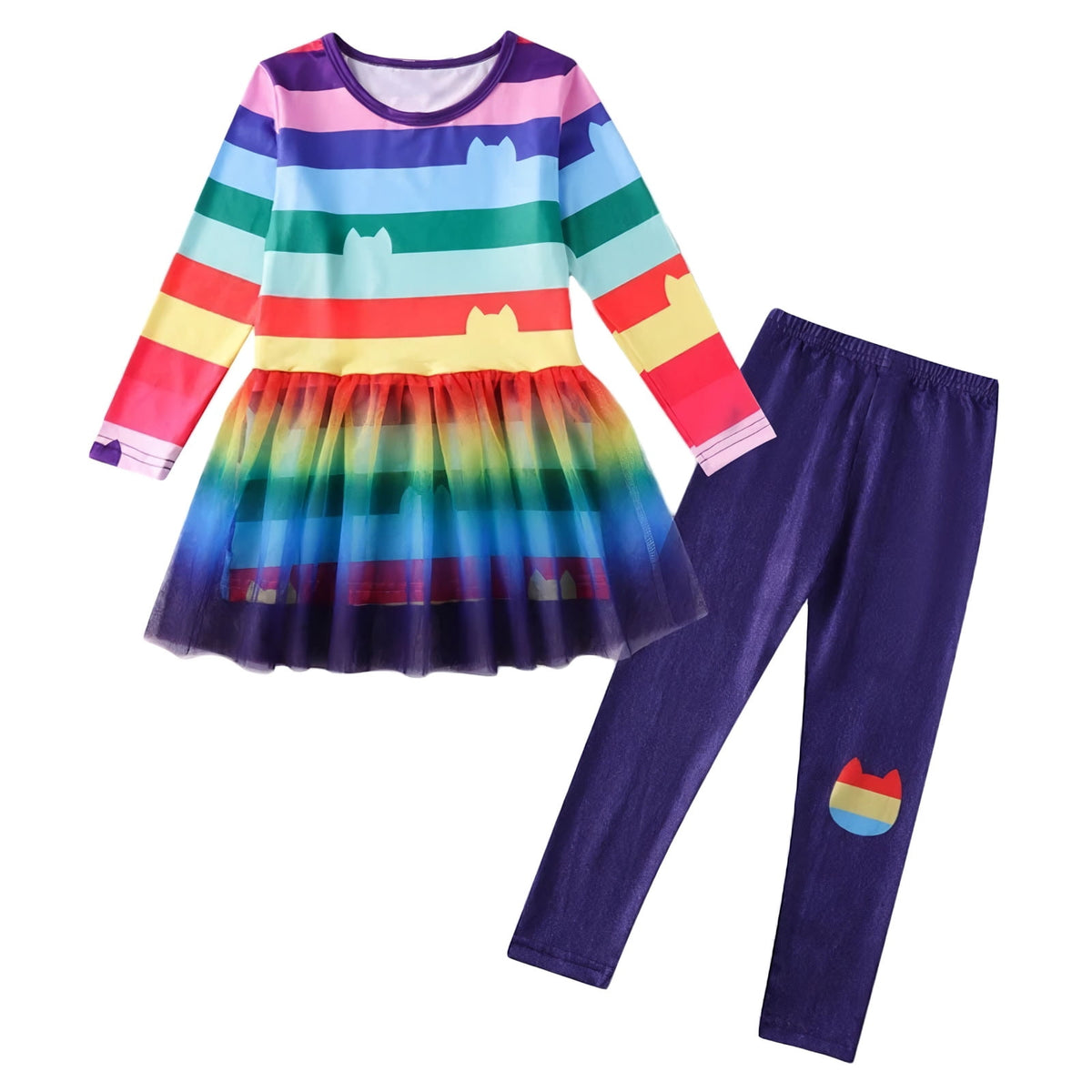 2PC Rainbow Dress Pant Set w/Headband for Girls Halloween Cat Birthday Tutu Outfit