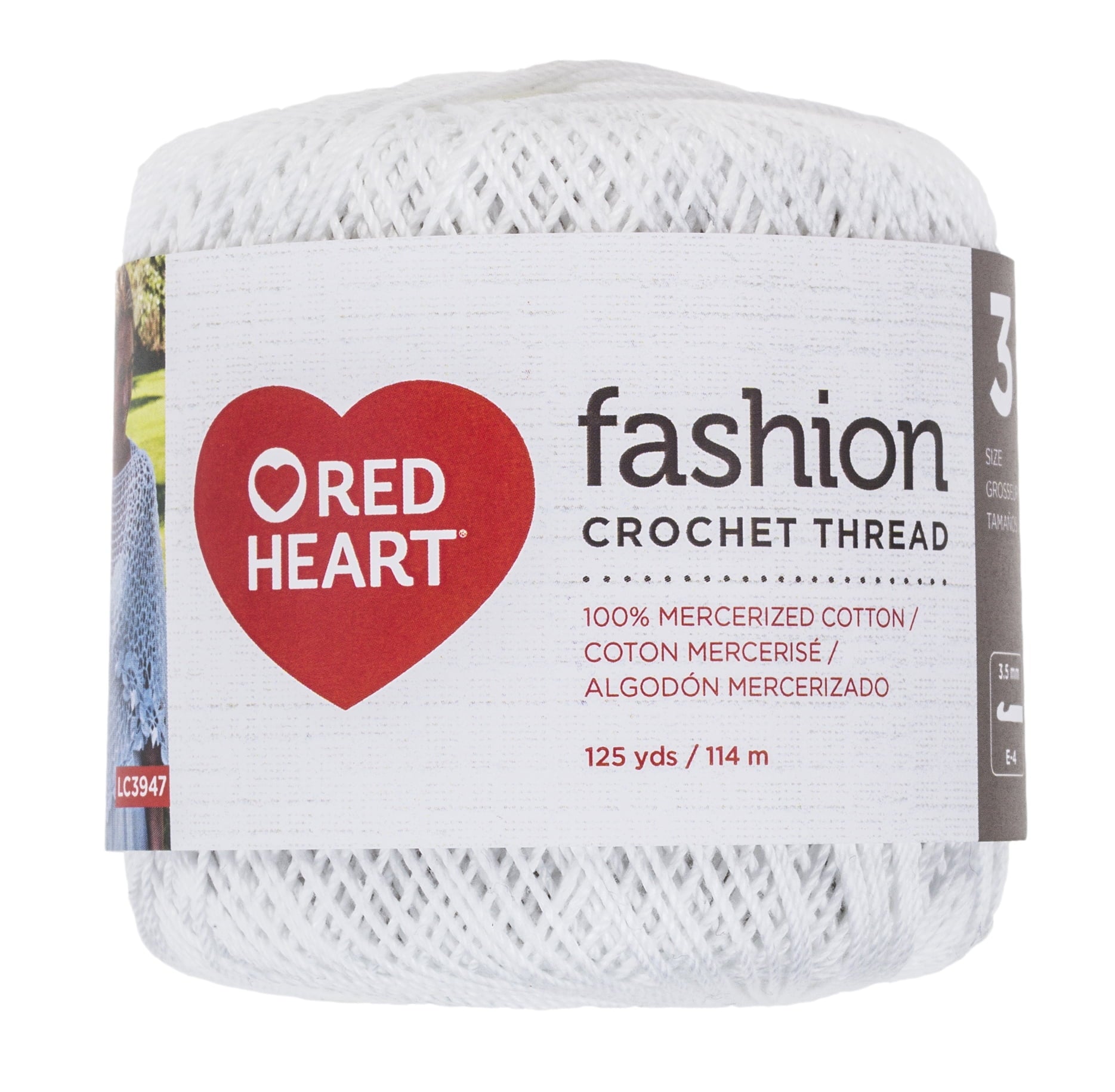Red Heart Fashion Cotton Size 3 Mercerized White Yarn, 1 Each