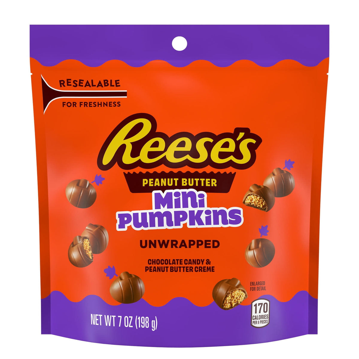 Reese's Unwrapped Chocolate Peanut Butter Creme Mini Pumpkins, Halloween Candy Bag, 7 oz