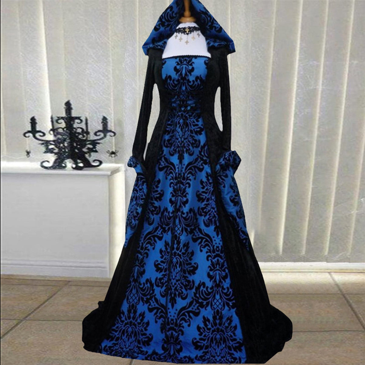 Medieval Damask Gown, Renaissance Witch Costume, Halloween Vampire Dress, Bell Sleeve Hooded Gown, Women Victorian Gothic Hooded Witch Dress Vampire Sorceress Vintage Renaissance Ball Gown, Red L
