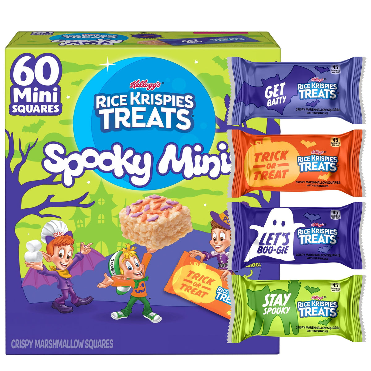 Rice Krispies Treats Spooky Minis Chewy Mini Crispy Marshmallow Squares, Ready-to-Eat, Trick or Treat, 23.2 oz, 60 Count
