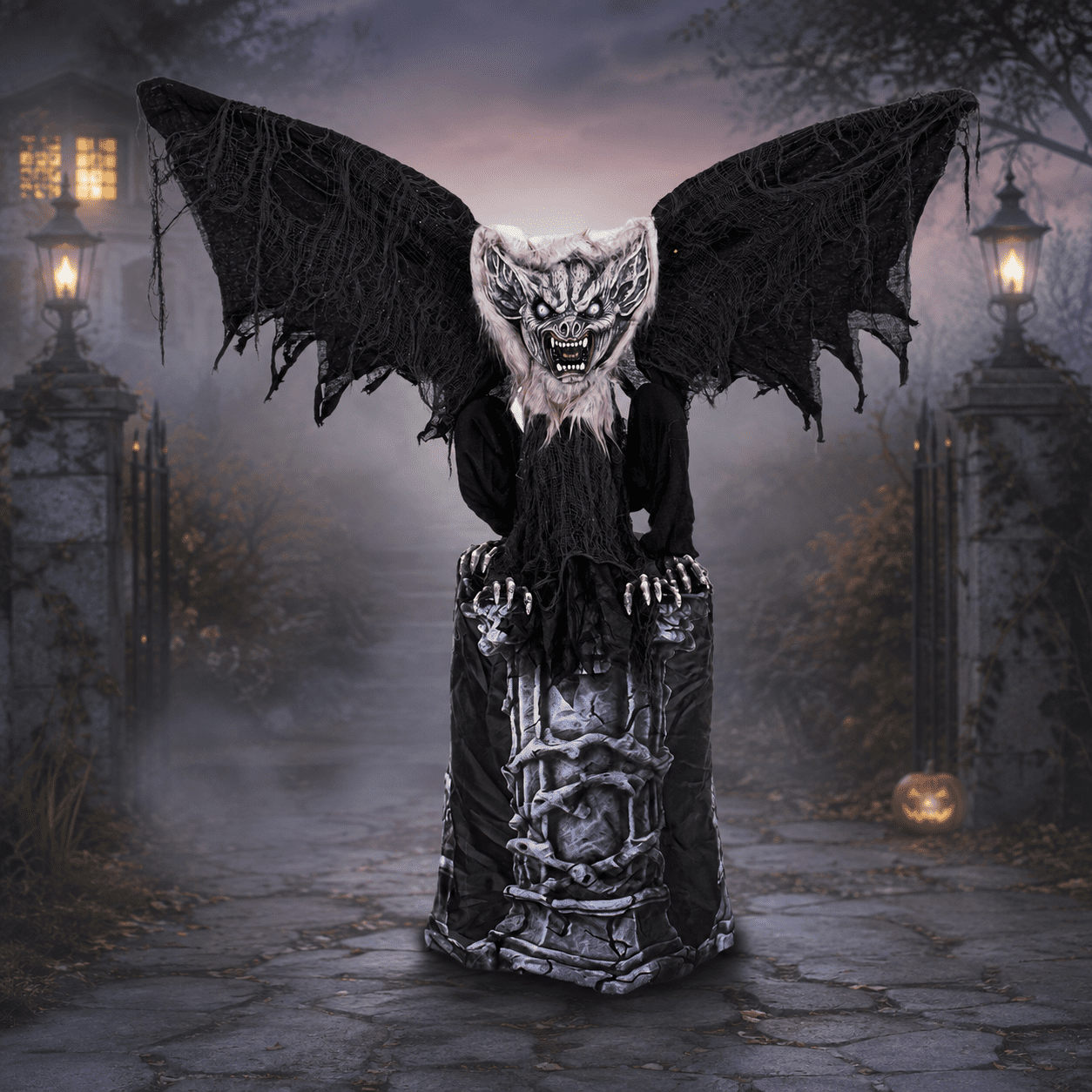 Romswi Halloween Decorations 4.7ft Standing Tombstone Gargoyle Animated with Light Up Eyes and Sound-Activated for Spooky Yard Garden Decor