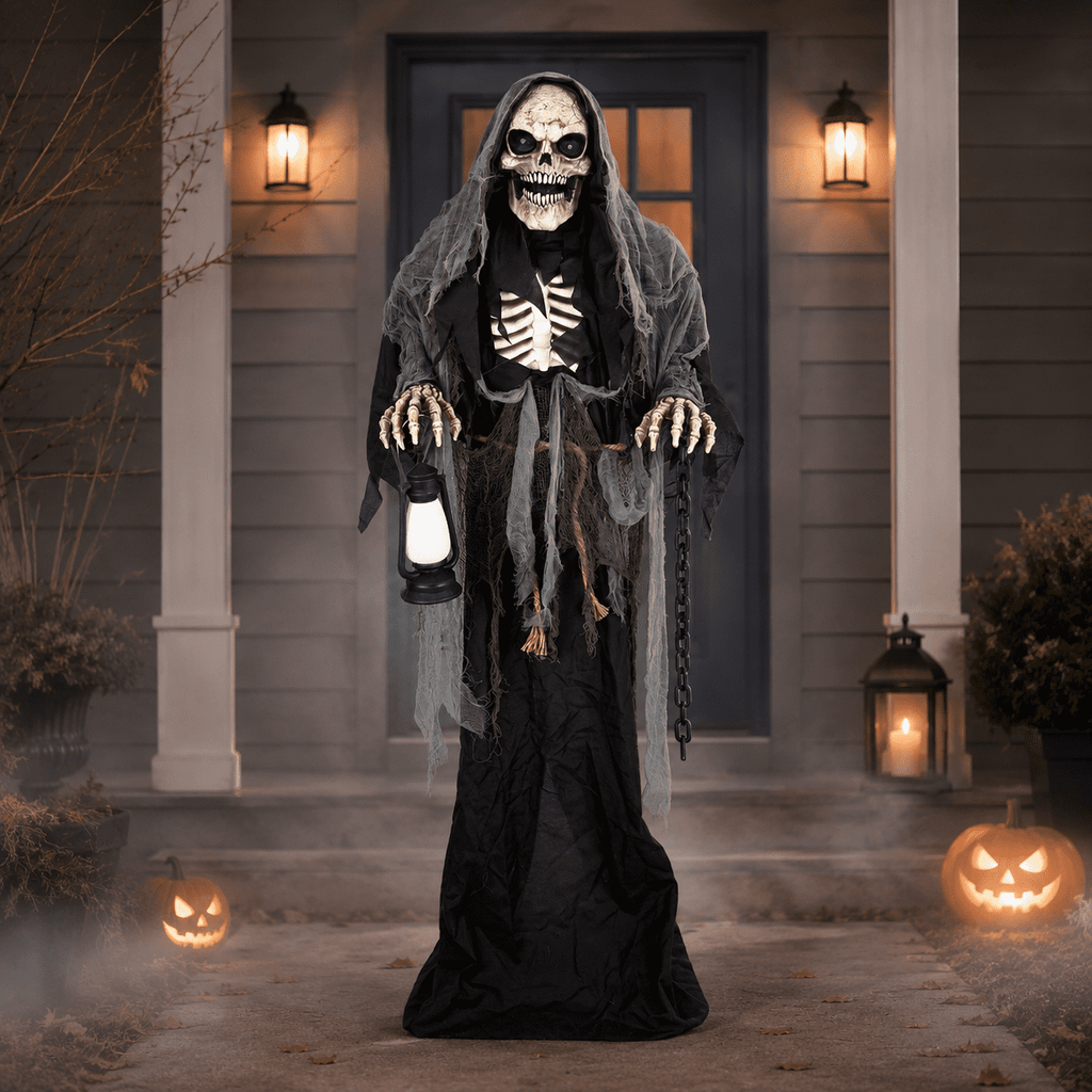 Romswi Halloween Decorations 5.5ft Standing Grim Reaper Animated with Light Up Eyes and Sound-Activated for Spooky Yard Garden Decor
