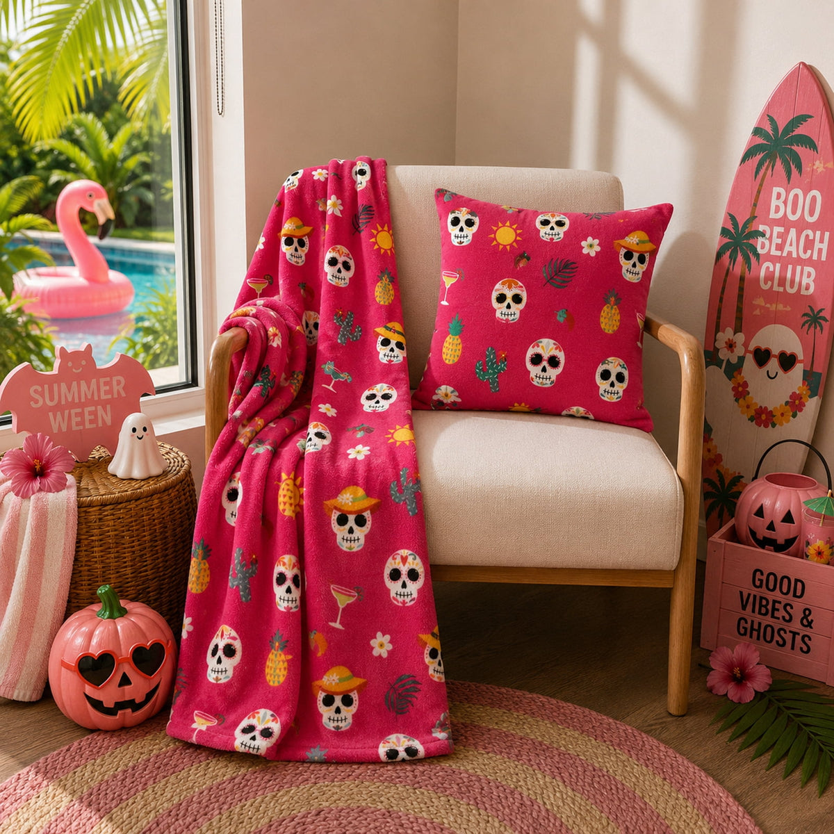 Summerween Oversize Super Soft Plush Throw Blankets, Summer Patio Pool Halloween Throws, RETIREMENT GHOST