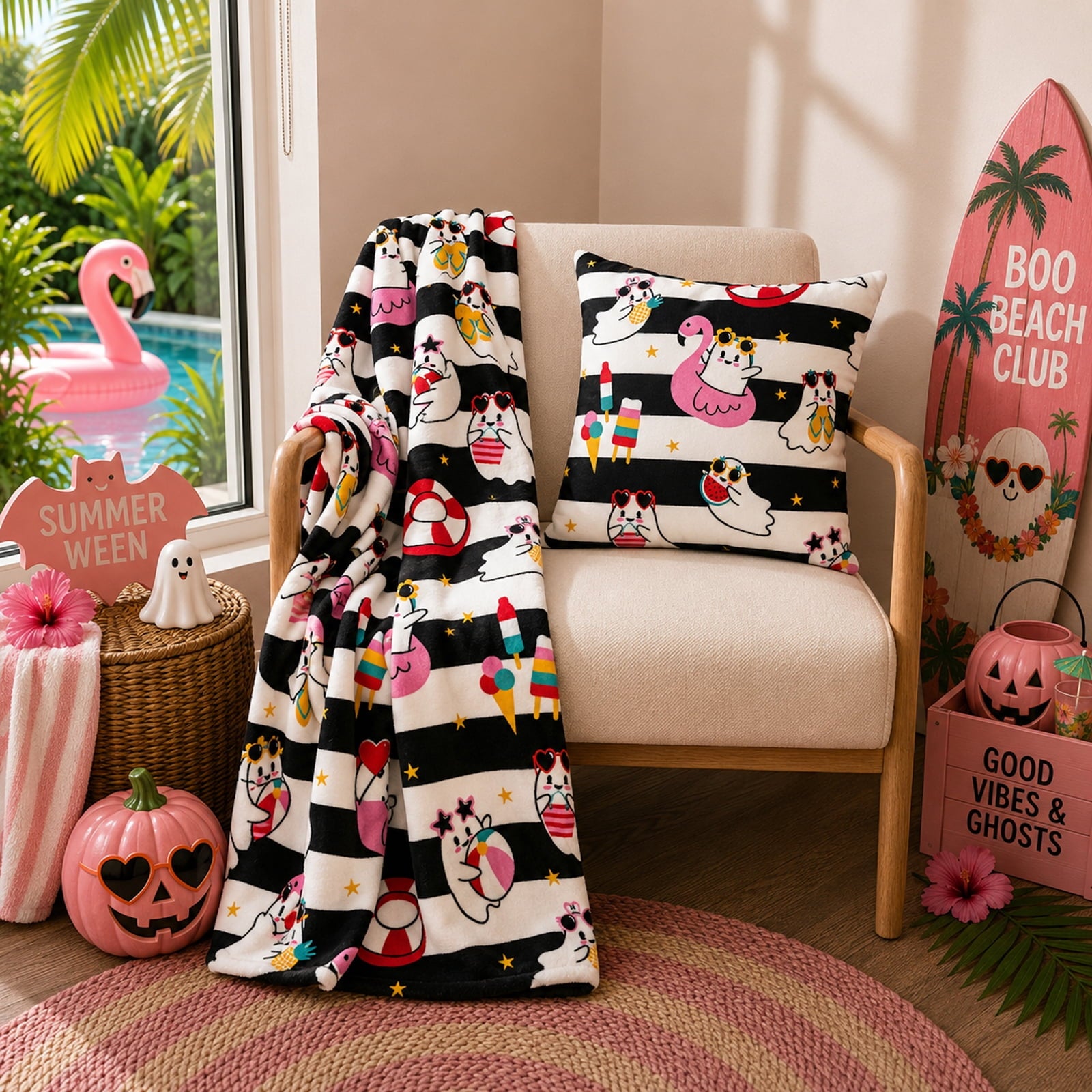 Summerween Oversize Super Soft Plush Throw Blankets, Summer Patio Pool Halloween Throws, RETIREMENT GHOST