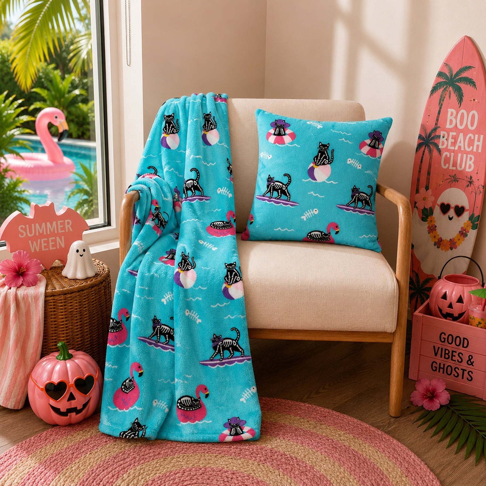 Summerween Oversize Super Soft Plush Throw Blankets, Summer Patio Pool Halloween Throws, RETIREMENT GHOST
