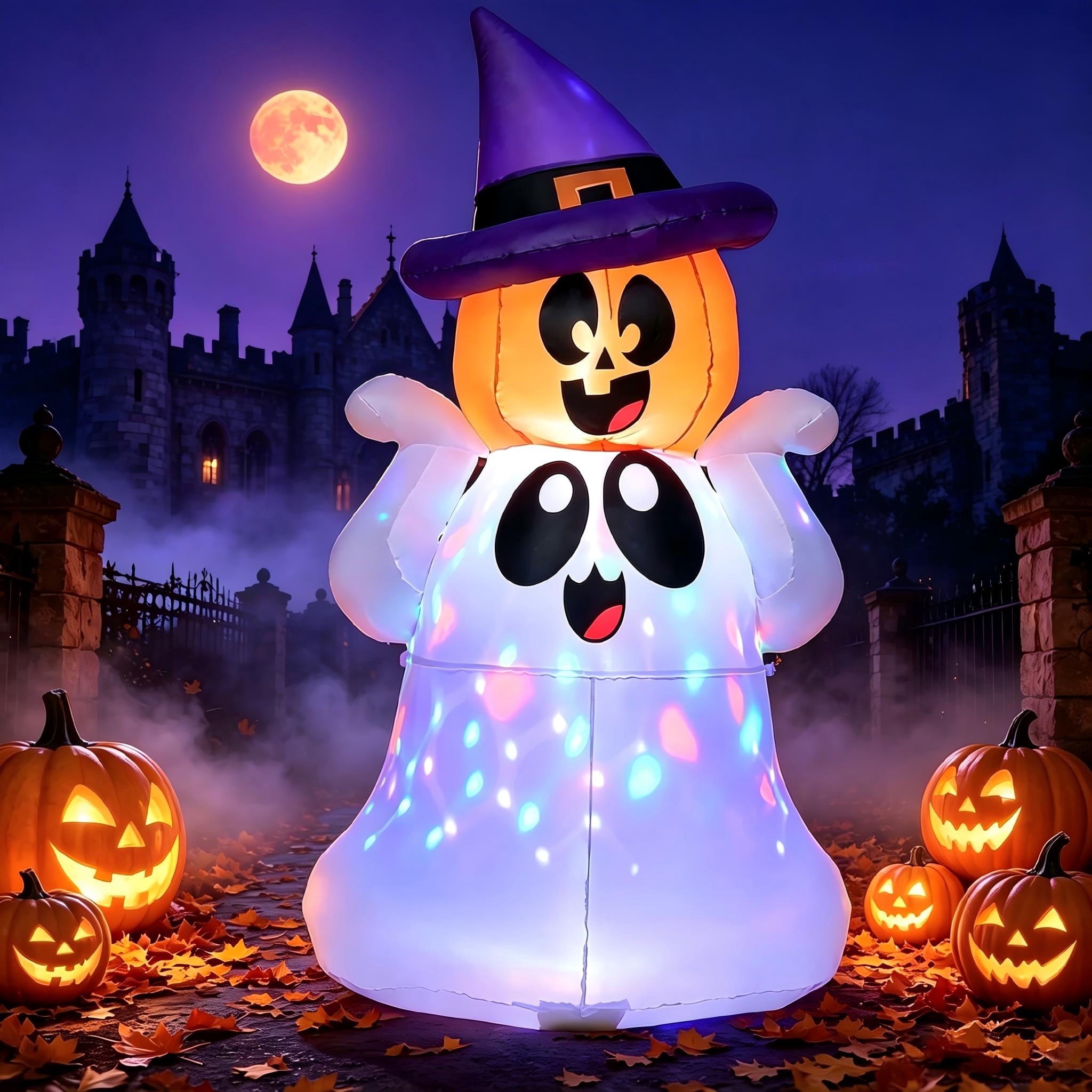 Joyfy 5Ft Halloween Inflatable Pumpkin Ghost with Colorful LED Lights,Halloween Blow Up Cute Decor for Indoor Outdoor Holiday Yard Decoration