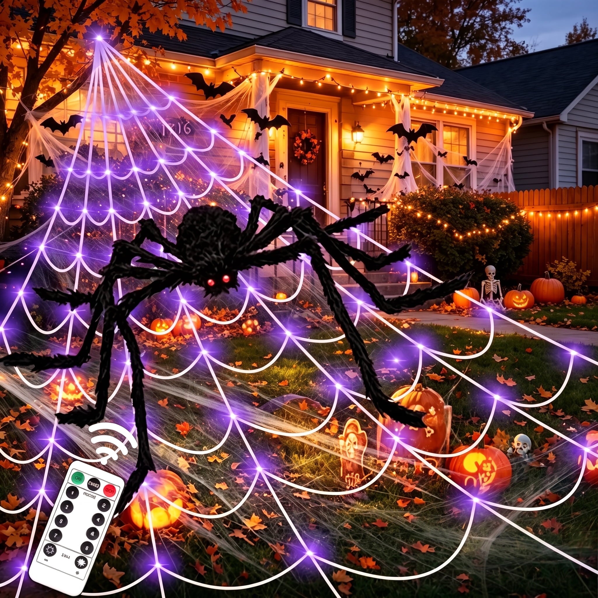Scidweet Halloween Decorations Outdoor, 350 LED Halloween Spider Web Lights with 79" Giant Spider for Home Garden Yard Decor
