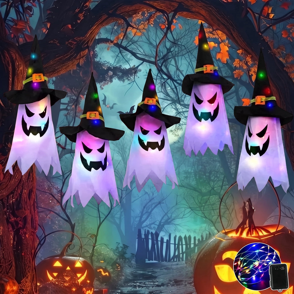 Scidweet Halloween Decorations Indoor Outdoor, 5 Pcs Halloween Lights Glowing Ghost Witch Hat Ornaments Gifts for Home Garden Yard