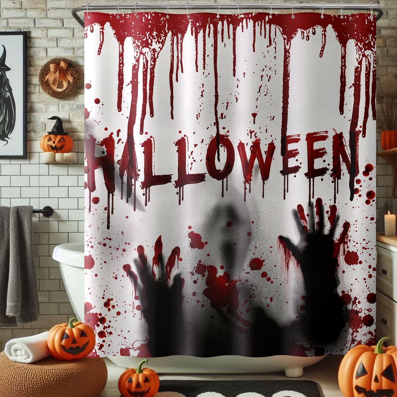 Seasonwood Halloween Shower Curtain,Spooky Halloween Black Cat Shower Curtain,Waterproof Halloween Bathroom Decor with 12 hooks,72"x72"