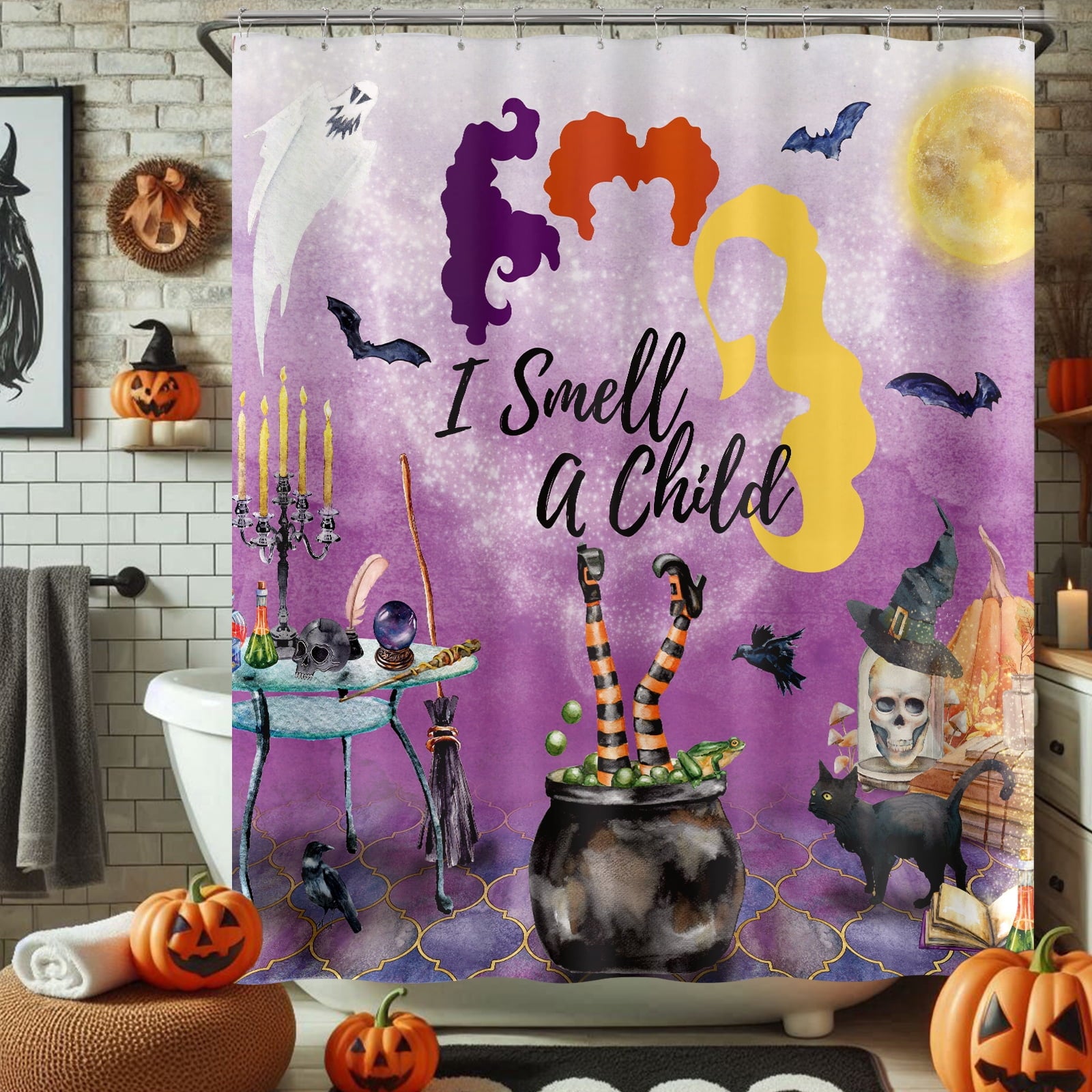 Seasonwood Halloween Shower Curtain,Spooky Halloween Black Cat Shower Curtain,Waterproof Halloween Bathroom Decor with 12 hooks,72"x72"