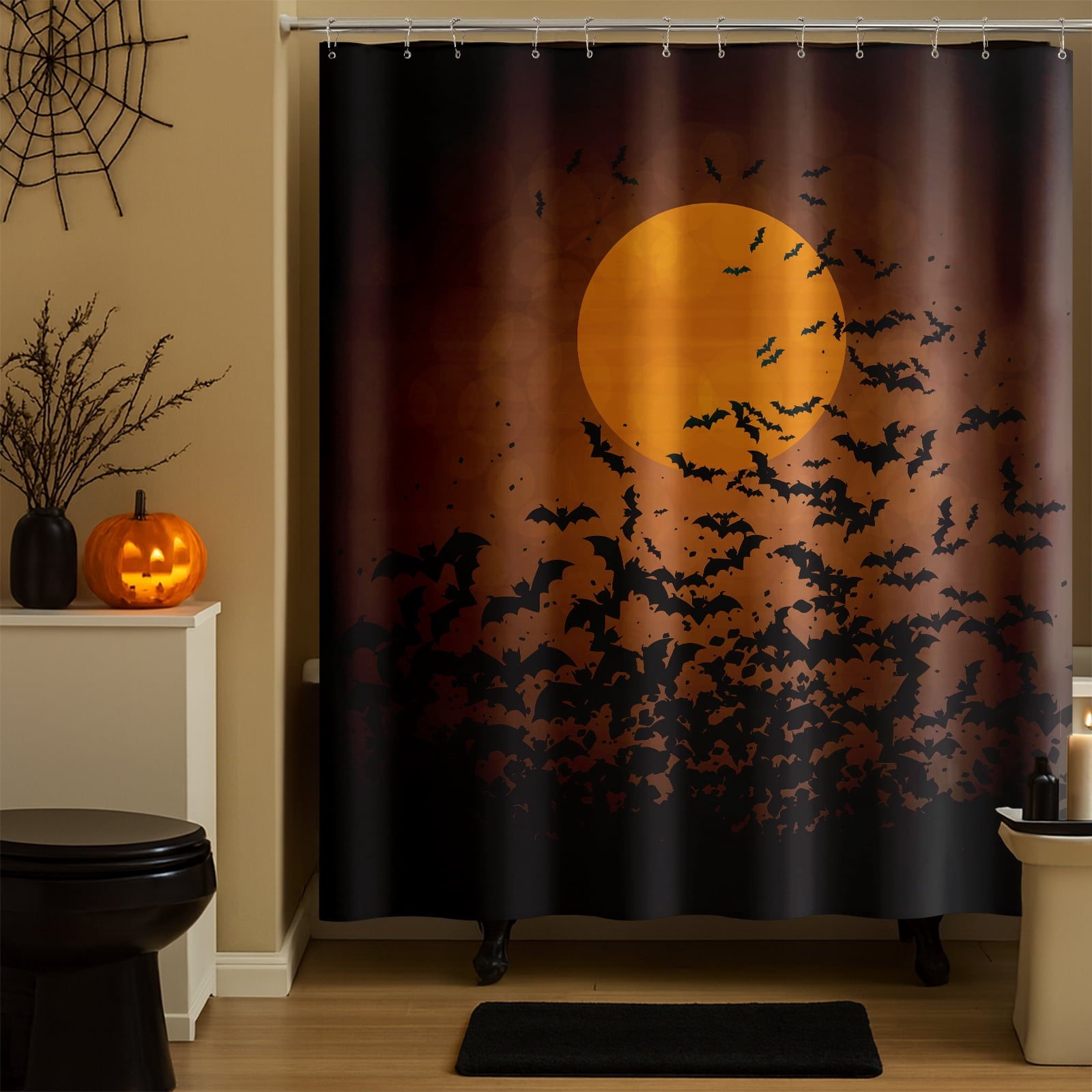 Seasonwood Halloween Shower Curtain,Spooky Halloween Black Cat Shower Curtain,Waterproof Halloween Bathroom Decor with 12 hooks,72"x72"