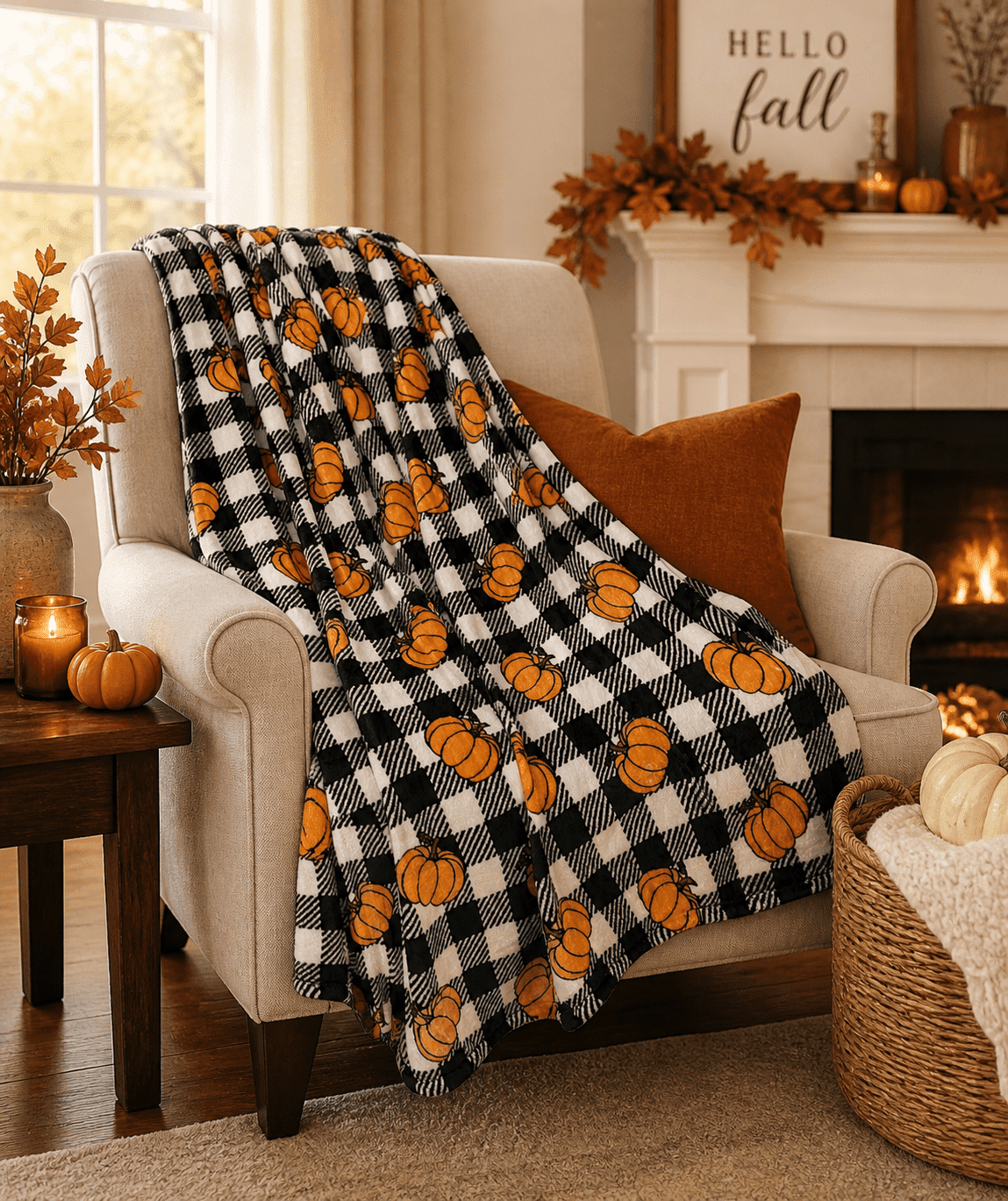 Serafina Home Halloween Throw Blanket: Fuzzy Boo! Jack O'Lantern Spider Webs Skull and Black Cats Print on Velvet Fleece for Sofa Bed Couch Chair Dorm