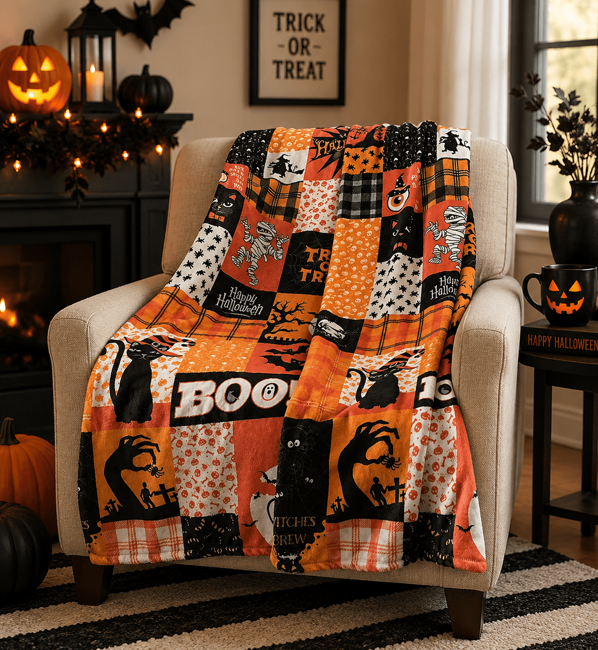 Serafina Home Halloween Throw Blanket: Fuzzy Boo! Jack O'Lantern Spider Webs Skull and Black Cats Print on Velvet Fleece for Sofa Bed Couch Chair Dorm