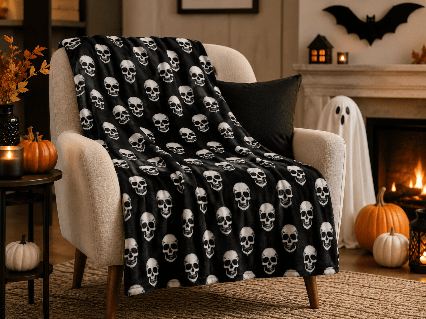 Serafina Home Halloween Throw Blanket: Fuzzy Boo! Jack O'Lantern Spider Webs Skull and Black Cats Print on Velvet Fleece for Sofa Bed Couch Chair Dorm