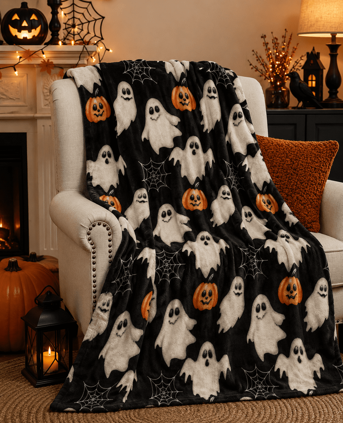Serafina Home Halloween Throw Blanket: Fuzzy Boo! Jack O'Lantern Spider Webs Skull and Black Cats Print on Velvet Fleece for Sofa Bed Couch Chair Dorm