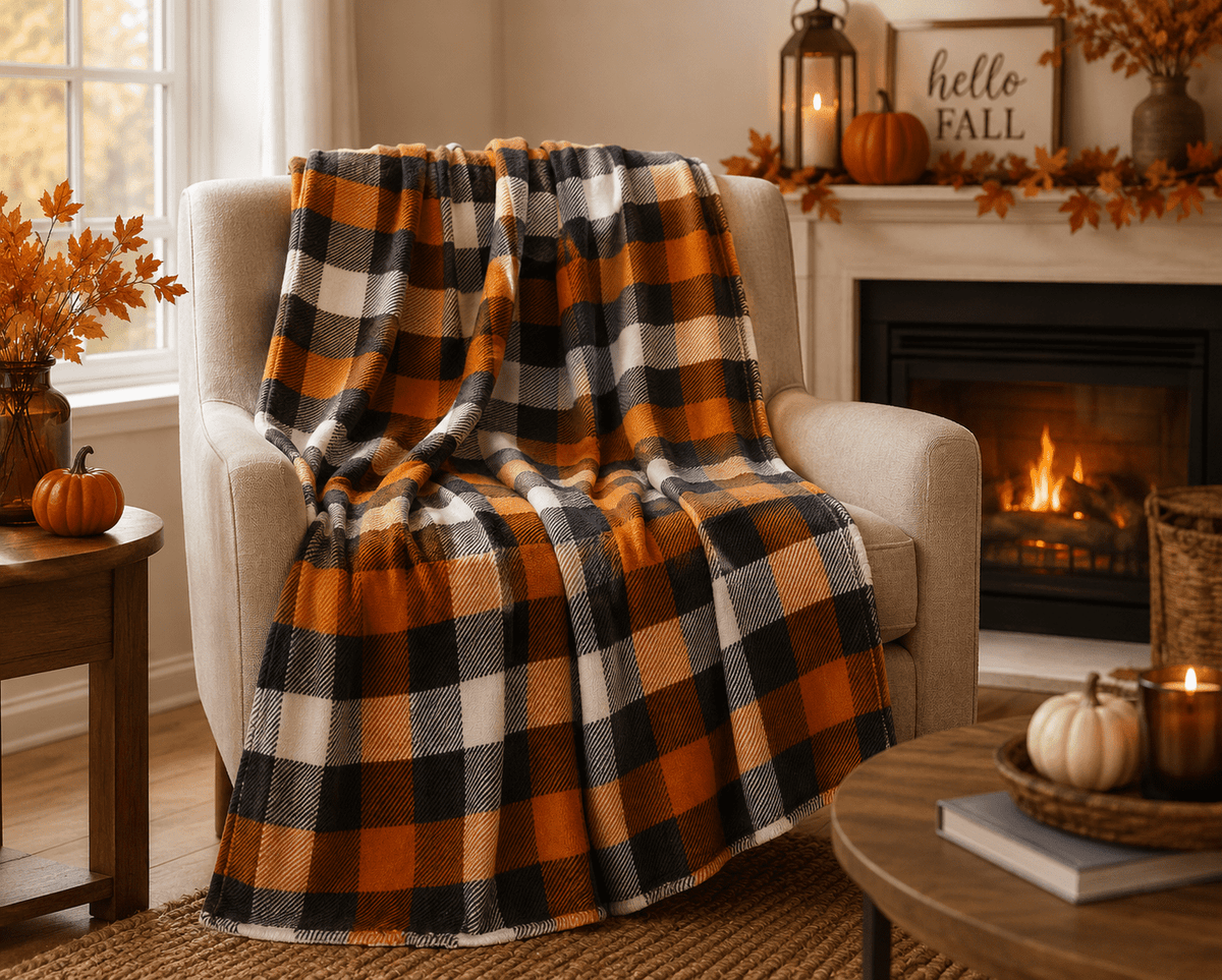 Serafina Home Halloween Throw Blanket: Fuzzy Boo! Jack O'Lantern Spider Webs Skull and Black Cats Print on Velvet Fleece for Sofa Bed Couch Chair Dorm