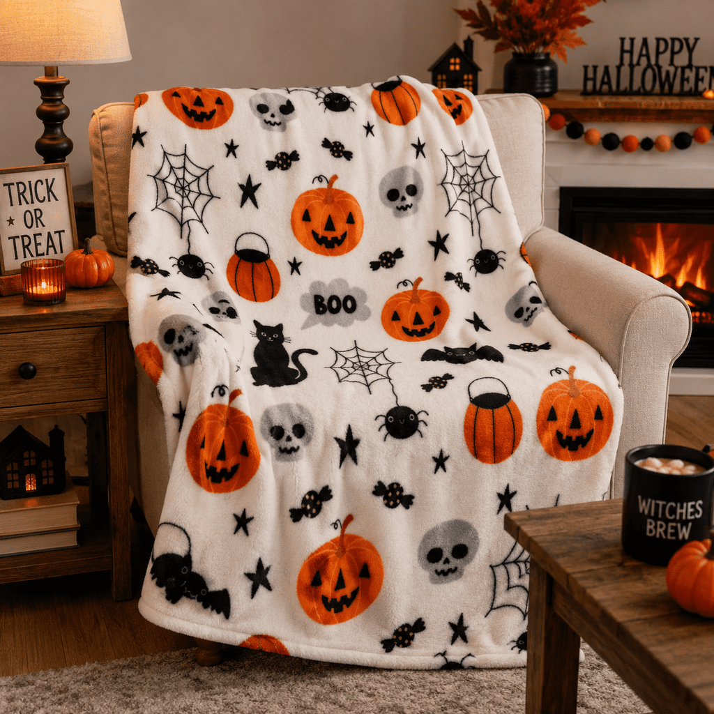 Serafina Home Halloween Throw Blanket: Fuzzy Boo! Jack O'Lantern Spider Webs Skull and Black Cats Print on Velvet Fleece for Sofa Bed Couch Chair Dorm