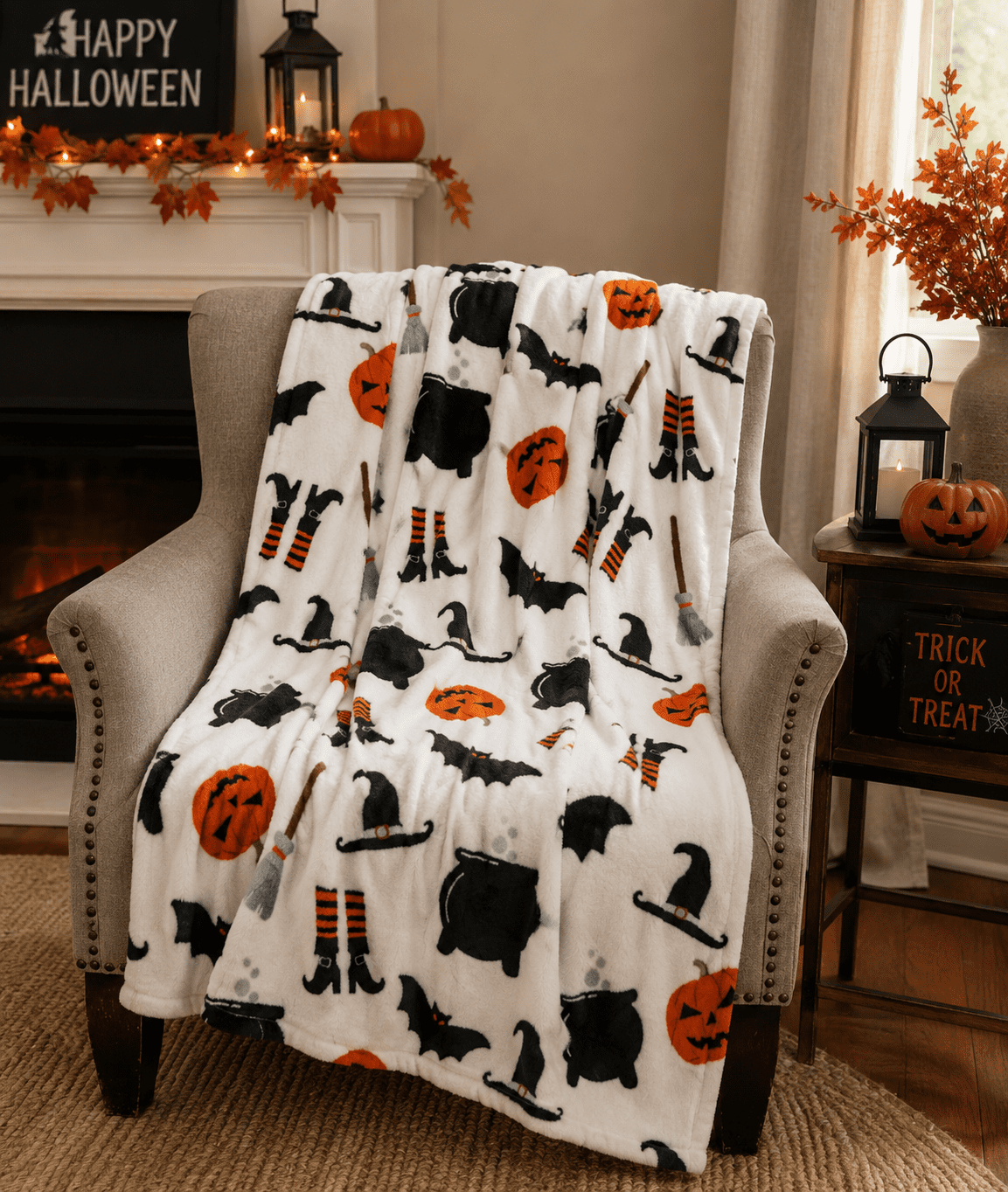 Serafina Home Halloween Throw Blanket: Fuzzy Boo! Jack O'Lantern Spider Webs Skull and Black Cats Print on Velvet Fleece for Sofa Bed Couch Chair Dorm