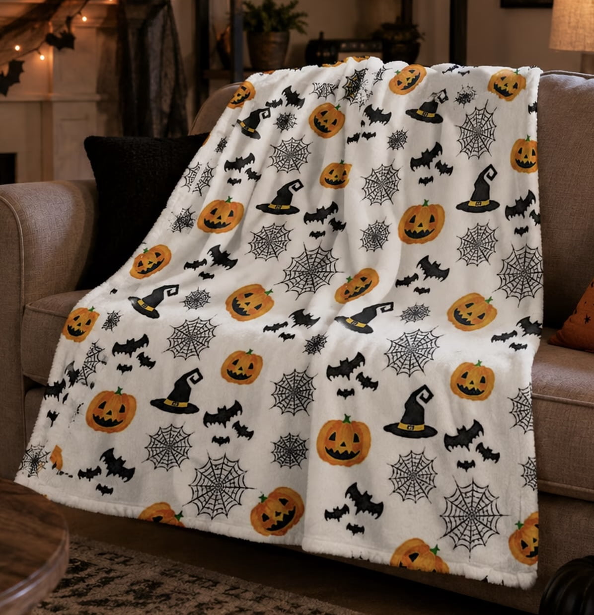 Serafina Home Halloween Throw Blanket: Fuzzy Boo! Jack O'Lantern Spider Webs Skull and Black Cats Print on Velvet Fleece for Sofa Bed Couch Chair Dorm