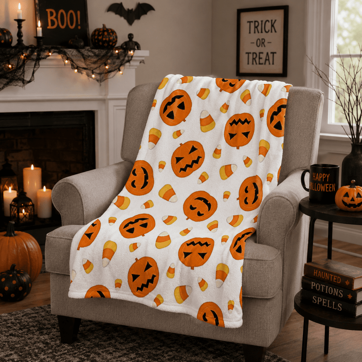 Serafina Home Halloween Throw Blanket: Fuzzy Boo! Jack O'Lantern Spider Webs Skull and Black Cats Print on Velvet Fleece for Sofa Bed Couch Chair Dorm