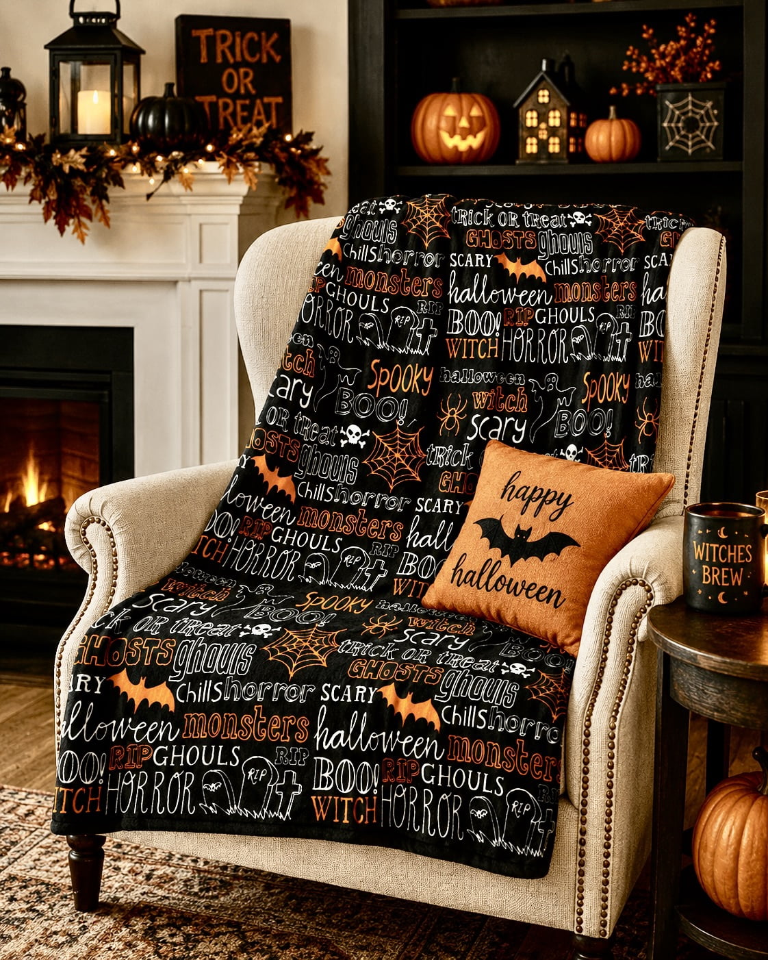 Serafina Home Halloween Throw Blanket: Fuzzy Boo! Jack O'Lantern Spider Webs Skull and Black Cats Print on Velvet Fleece for Sofa Bed Couch Chair Dorm