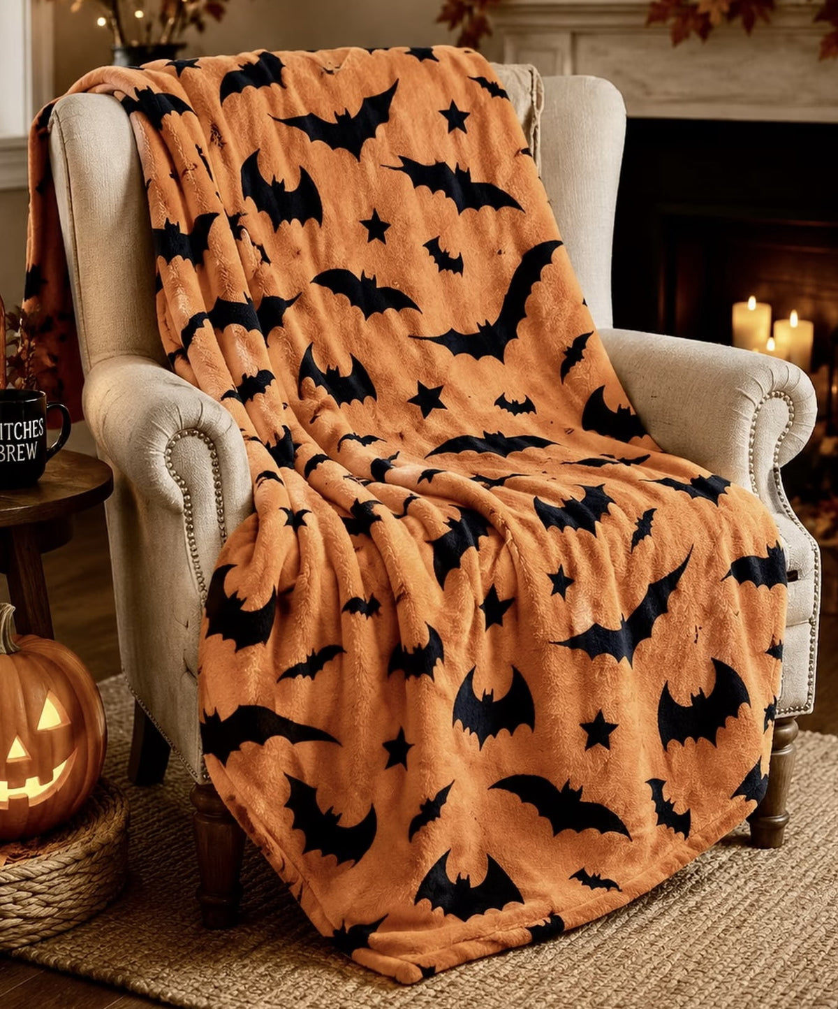 Serafina Home Halloween Throw Blanket: Fuzzy Boo! Jack O'Lantern Spider Webs Skull and Black Cats Print on Velvet Fleece for Sofa Bed Couch Chair Dorm