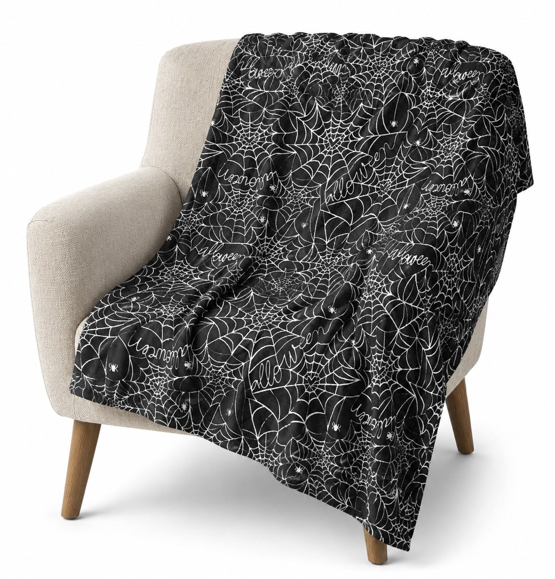Serafina Home Halloween Throw Blanket: Fuzzy Boo! Jack O'Lantern Spider Webs Skull and Black Cats Print on Velvet Fleece for Sofa Bed Couch Chair Dorm