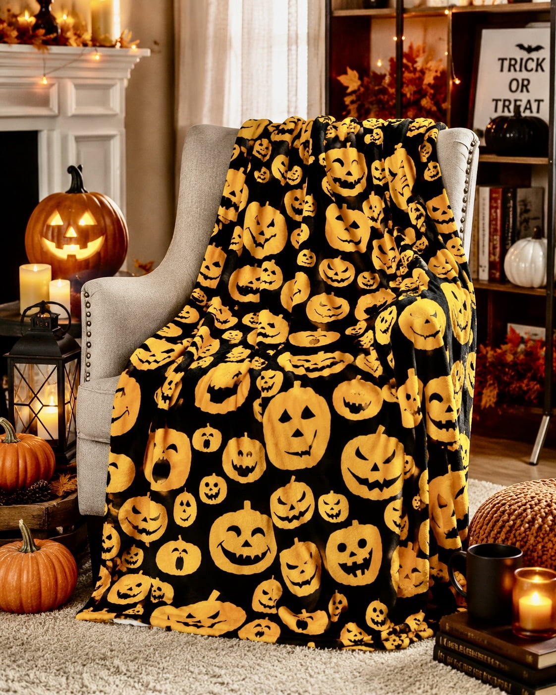 Serafina Home Halloween Throw Blanket: Fuzzy Boo! Jack O'Lantern Spider Webs Skull and Black Cats Print on Velvet Fleece for Sofa Bed Couch Chair Dorm