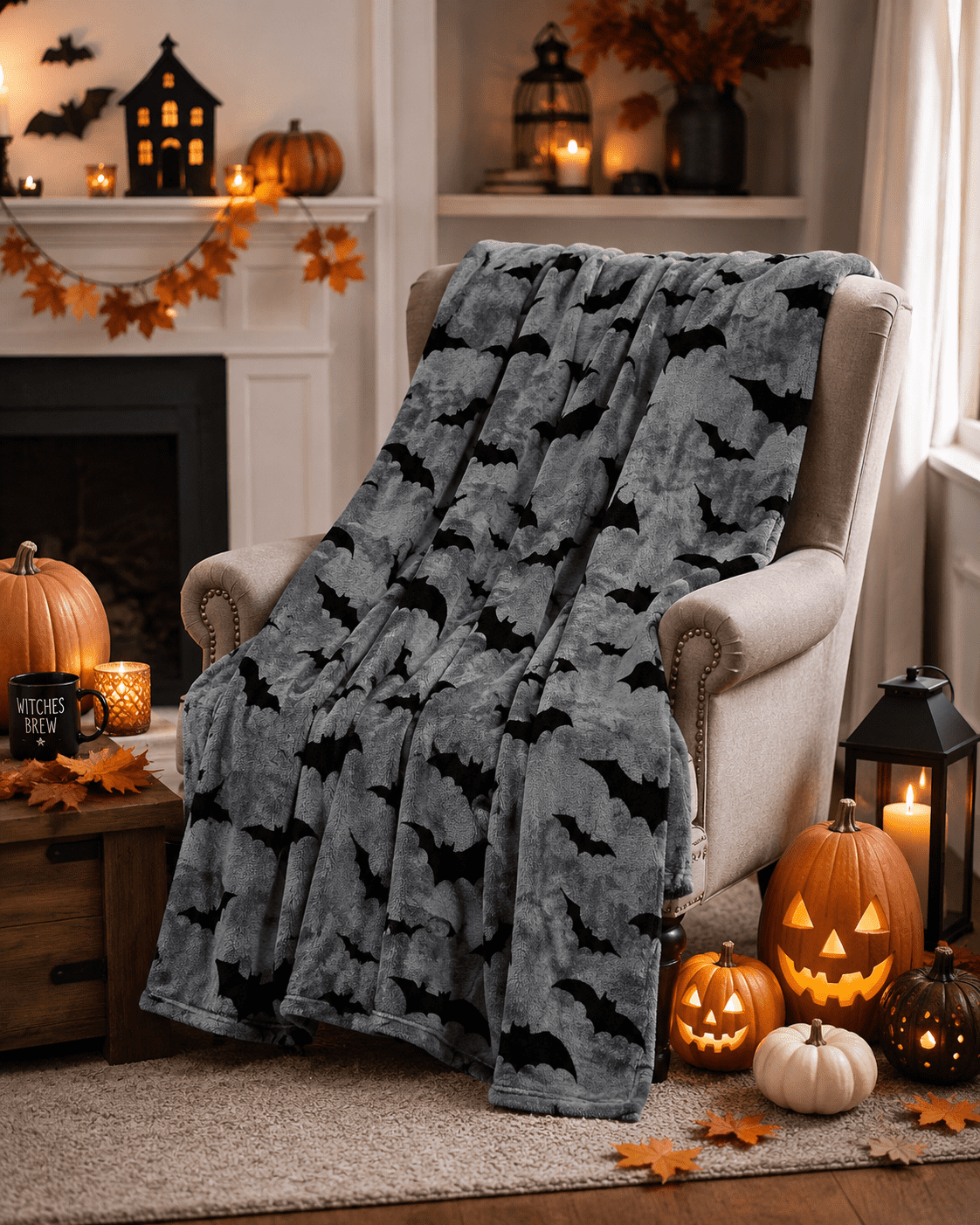 Serafina Home Halloween Throw Blanket: Fuzzy Boo! Jack O'Lantern Spider Webs Skull and Black Cats Print on Velvet Fleece for Sofa Bed Couch Chair Dorm